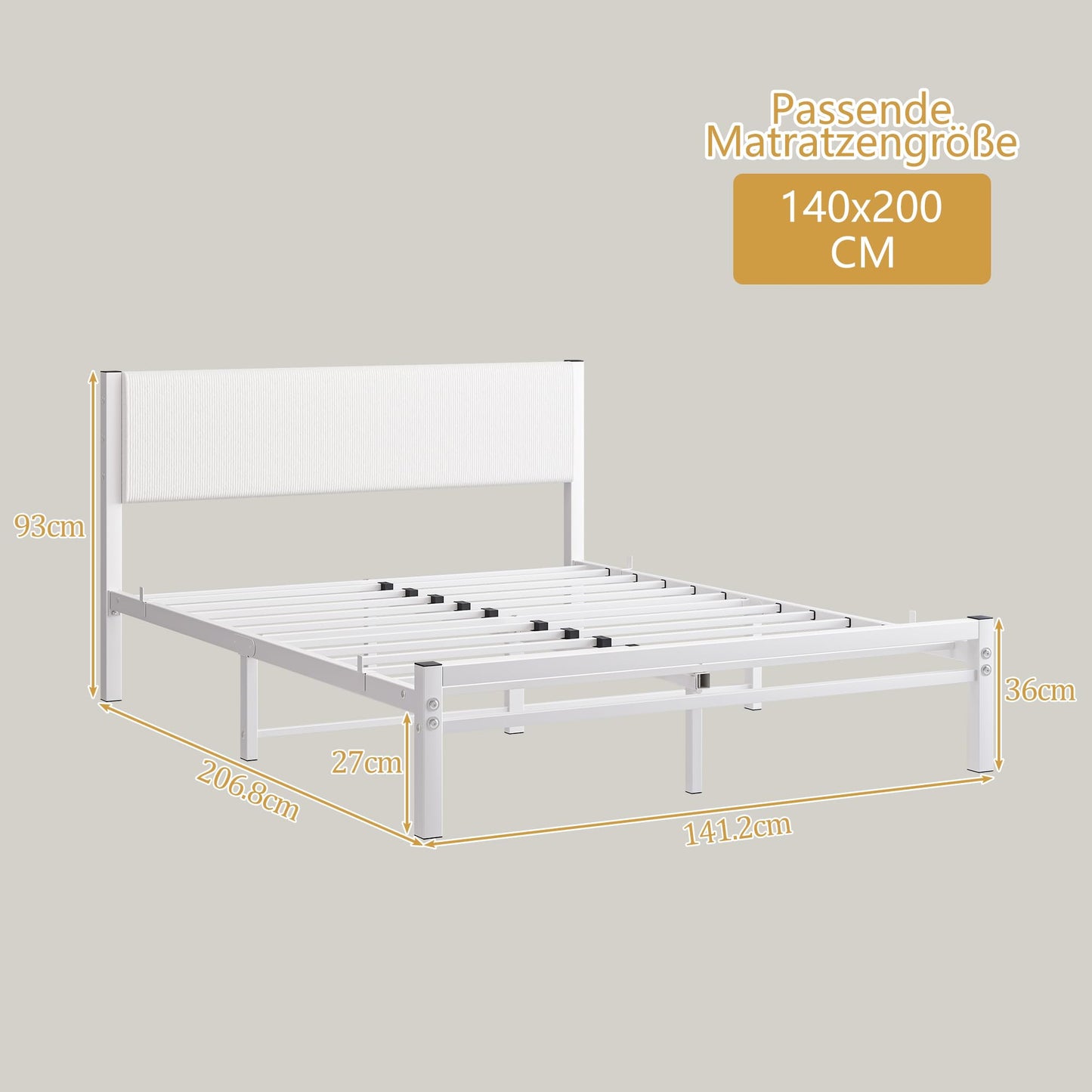JUISSANO Upholstered Bed 140 x 200 cm Bed Frame Youth Bed Frame Bed 140 x 200 cm with Storage Space and Metal Slatted Frame, Padded Pedestal