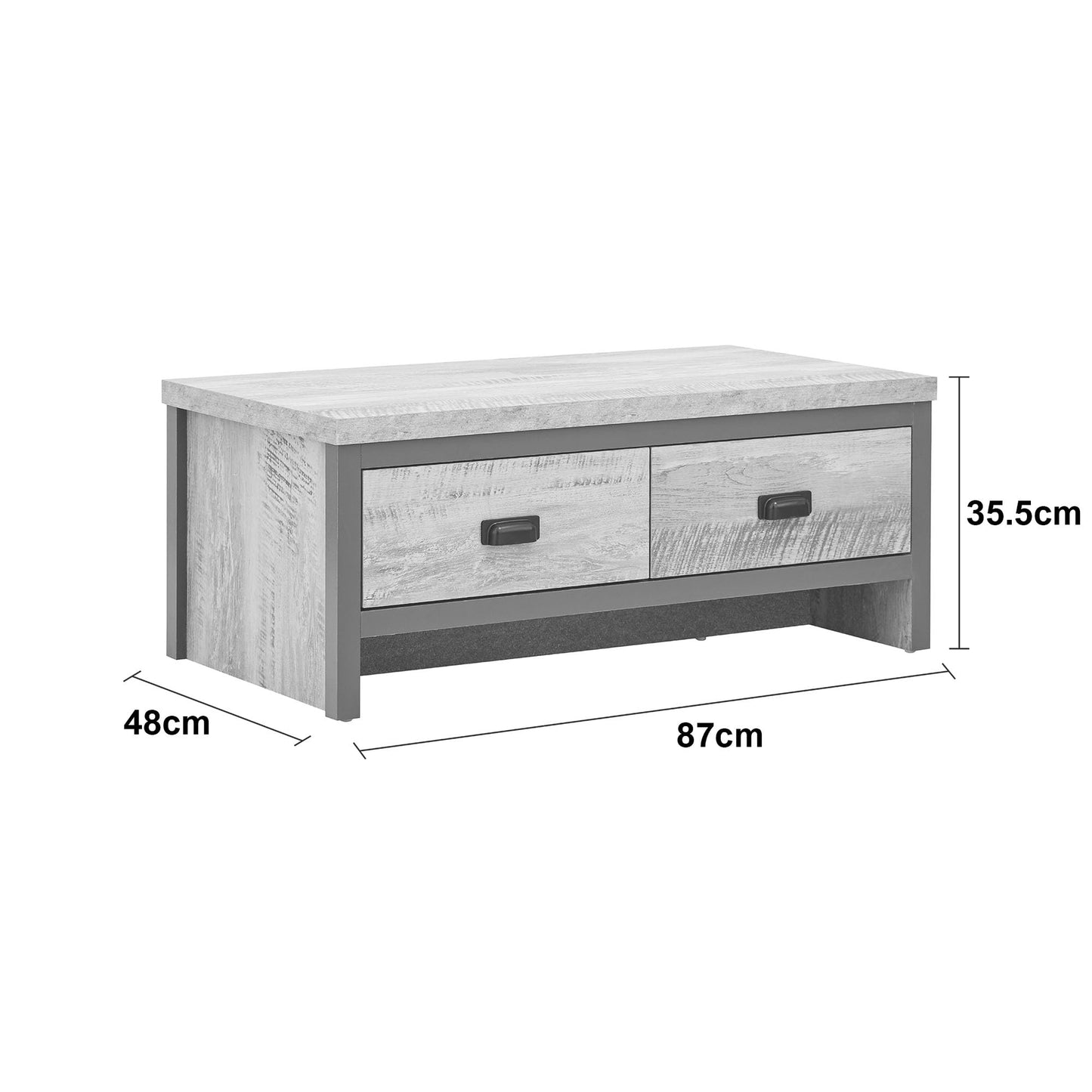 GFW Boston Coffee Table with 2 Drawers, Industrial Living Room Table with Oak Effect Finish, Contrasting Frame and 30mm Top Panel