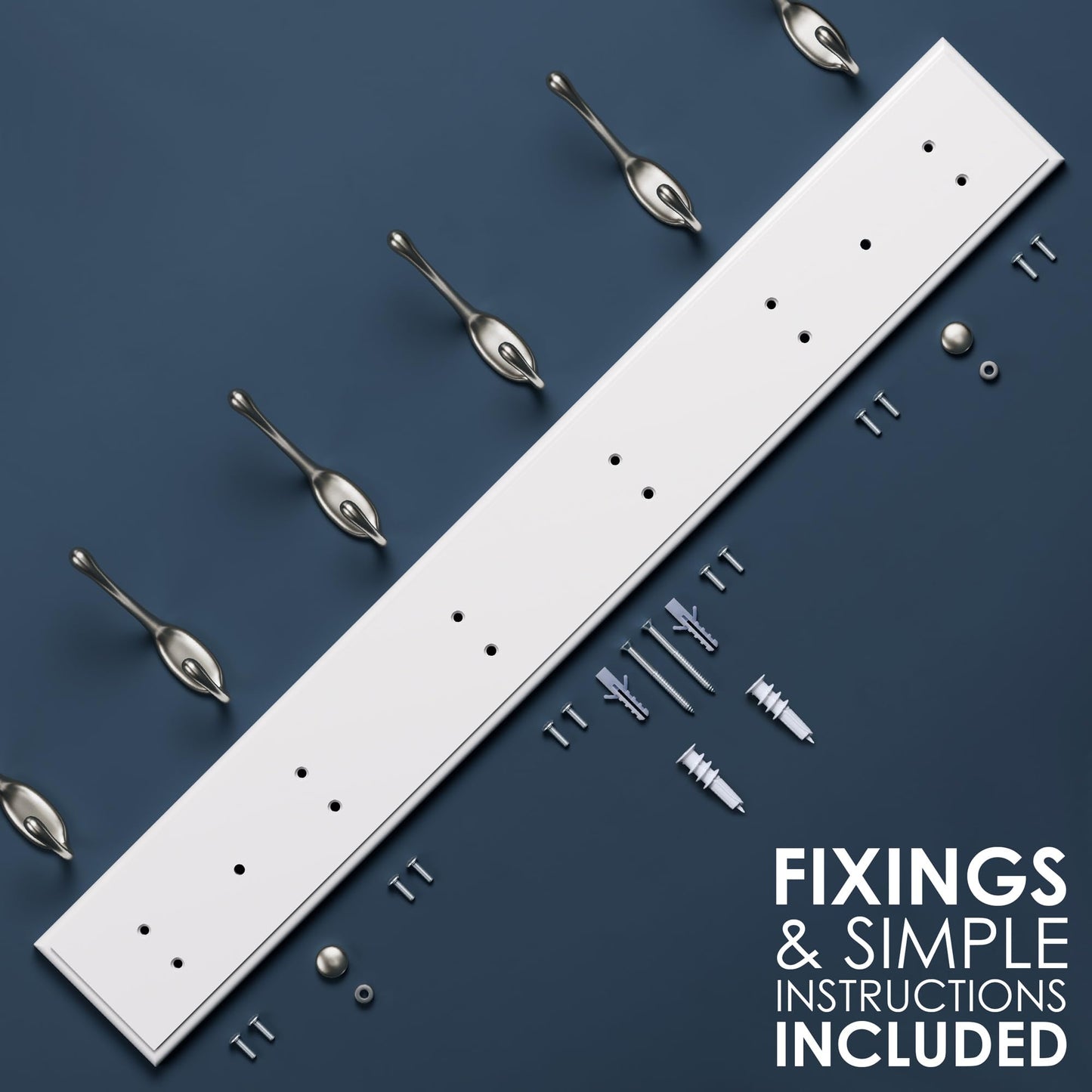 LARHN White Wall-Mounted Coat Rack - 6 Matt-Nickel Coat Hooks, 59cm