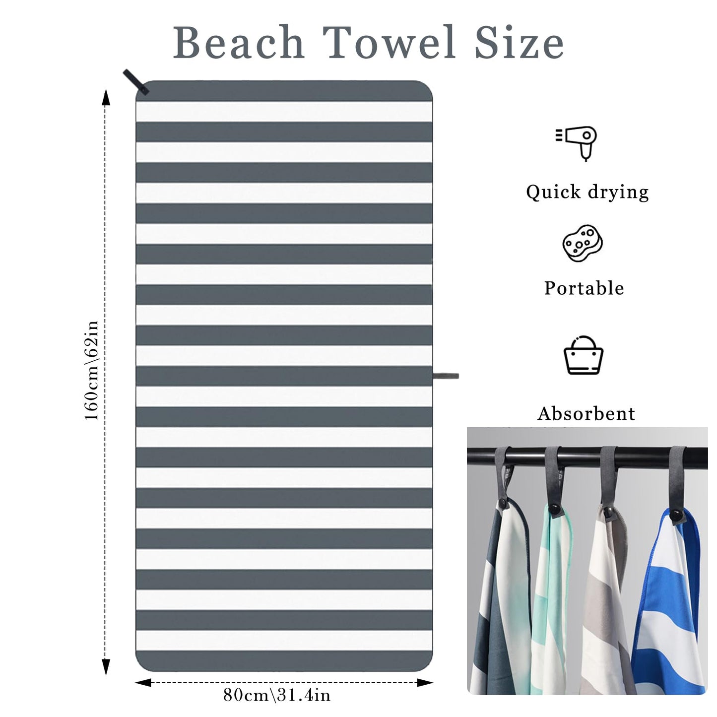 DDUP Microfibre Beach Towel, 160x80cm Extra Large Sand Free Beach Towels for Adults,Soft and Lightweight Travel Towel,Double Sided Quick Dry Super