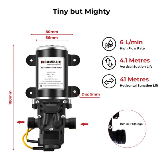 CAMPLUX 12V Water Pump 6L/Min, 65 PSI High Pressure Caravan Boat Gas Hot Water System