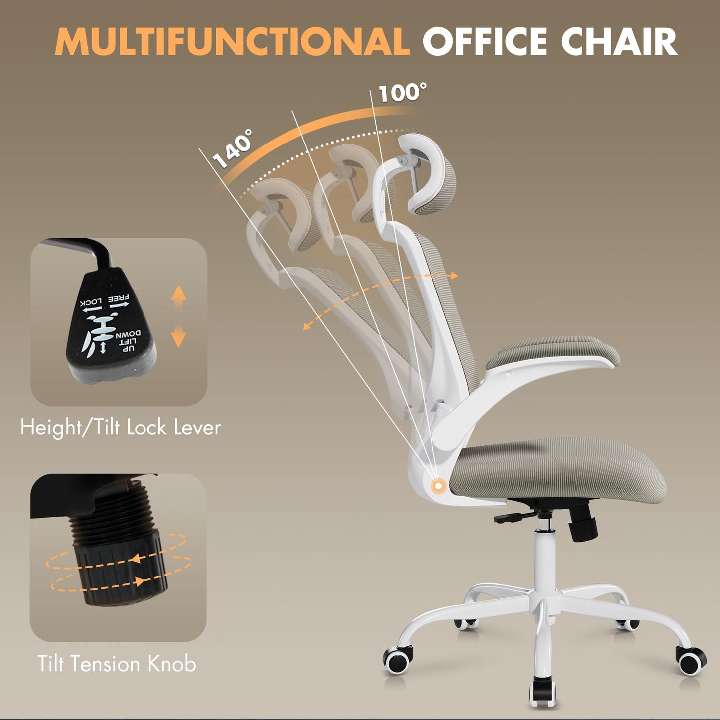 COLAMY Ergonomic Office Chair with Lumbar Support, Mesh Desk Chair with Adjustable Headrest, Computer Chair with Flip-up Armrest
