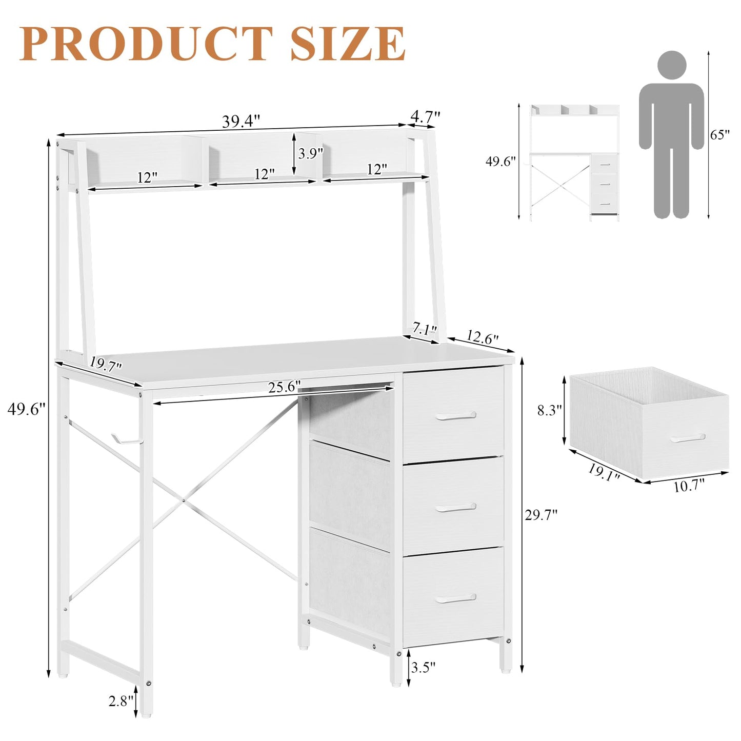 Feonase Industrial-Style Computer Desk with 3-Tier Wall-Mounted Shelf & 3 Fabric Drawers – MDF Desktop for Home Office, Study & Organization