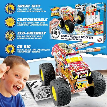 BLADEZ Hot Wheels Toyz Make Your Own Monster Truck - Art Set For Kids 6-12 with Markers & Stunt Ramp - Hotwheels Kit for Play - Kids Colouring Sets & STEM Learning - Customizable & Eco-Friendly