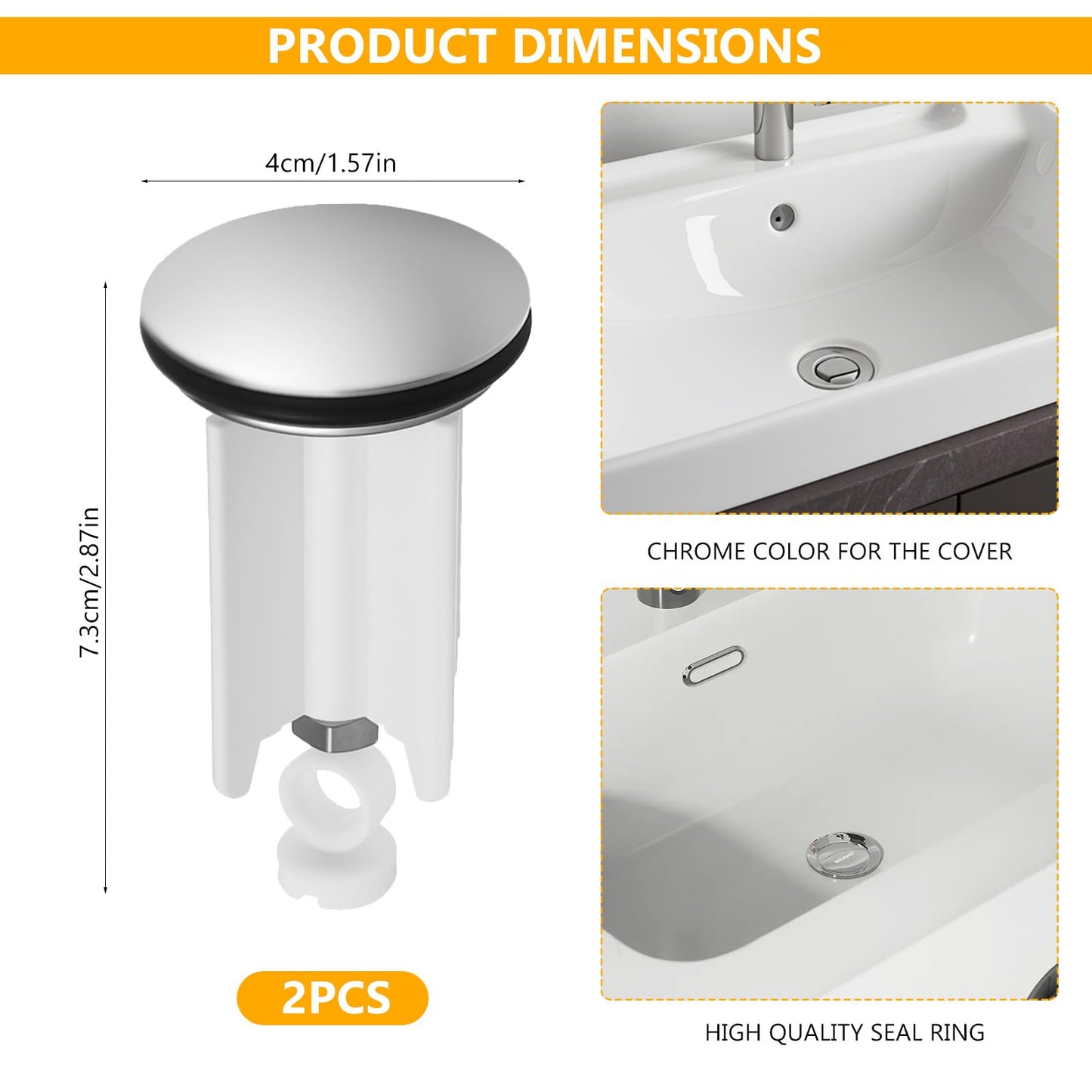 2 Pcs Universal Sink Plug Bathroom Kitchen Pop Up Sink Plugs, 40mm Height Adjustable Pop Up Basin Plug Replacement