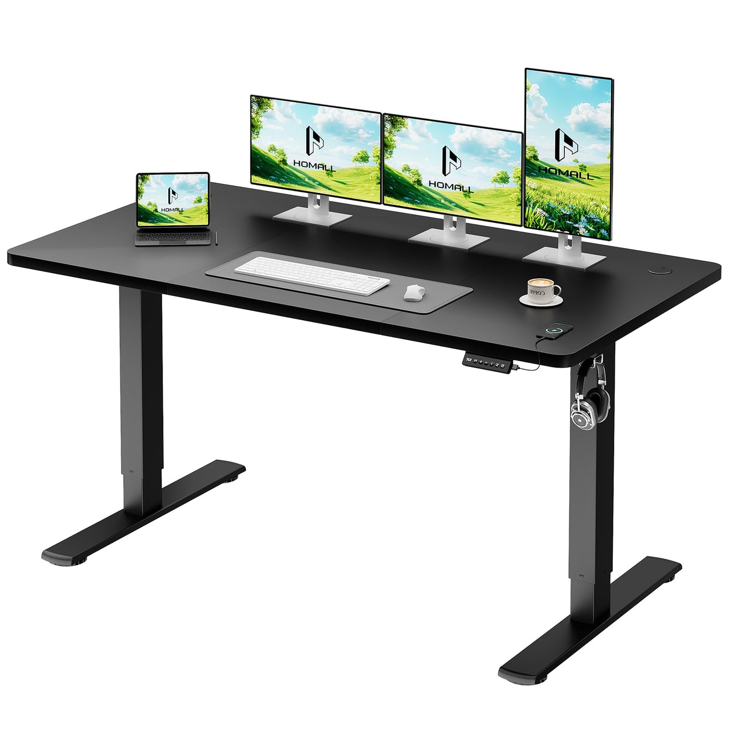 Homall Electric Height Adjustable Desk, Adjustable Height Office Desk with USB Ports, 140x60cm, Home Office with Splice Board, Black