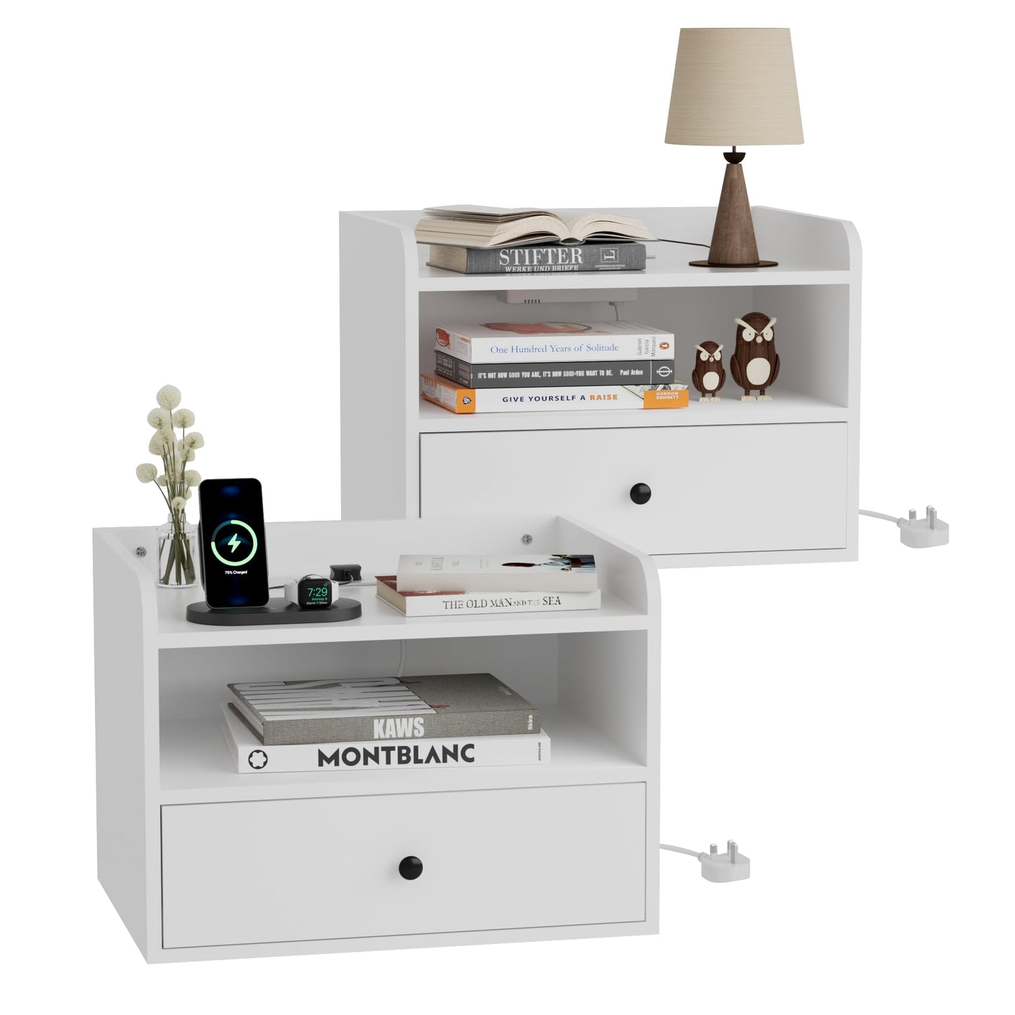 BonVache Set of 2 Floating Bedside Tables, Wall Mounted Bedside Table with Charging Station, Floating nightstand with Open Shelf and Drawer