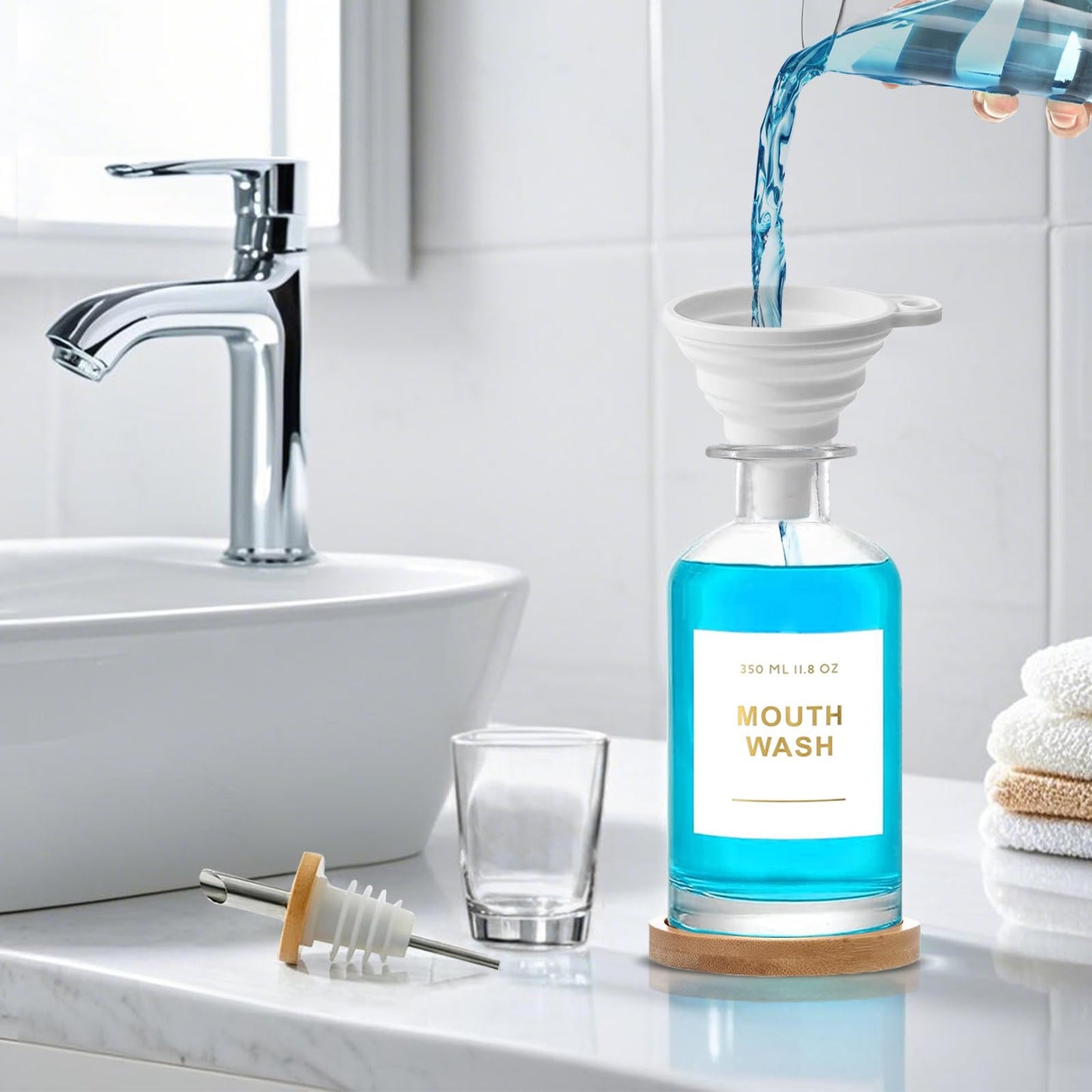 ZhouZGlass 12OZ/350ML Mouthwash Dispenser, Glass Mouthwash Decanter for Bathroom with Stainless Steel & Bamboo Nozzle, Reusable Mouthwash Cup