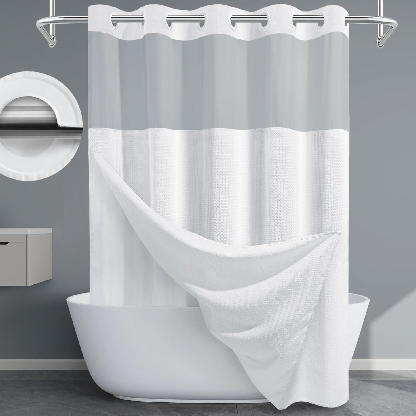 EUTXL White No Hook Shower Curtain with Snap in Liner,230GSM Waffle Weave Shower Curtains for Bathroom,71W x 74H