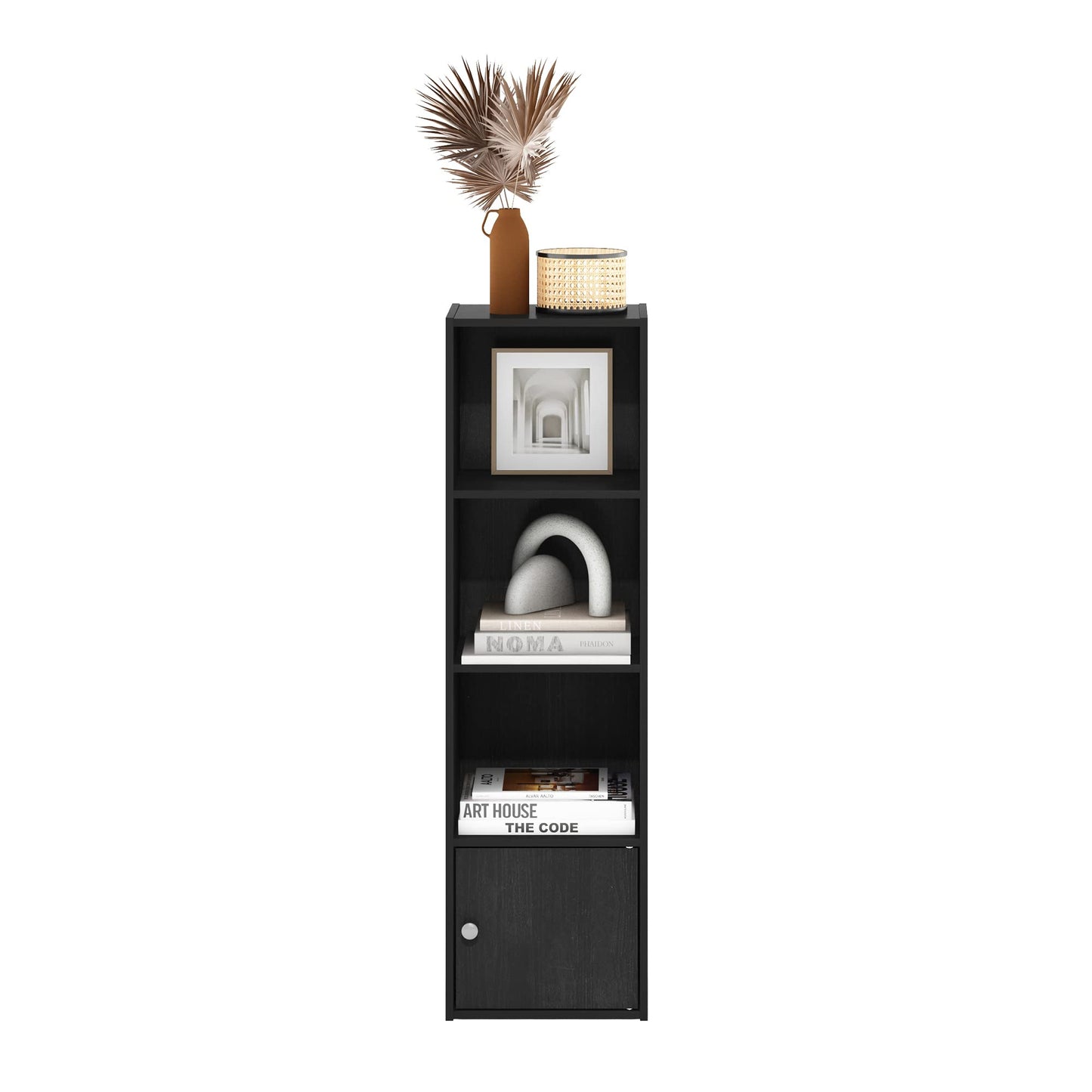 Furinno LUDER Book Shelf, 4-Tier Bookshelf, Bookcase with 1 Door Storage Cabinet, 9.3 x 12 x 41.8, for Living Room, Bedroom, Home Office, Blackwood