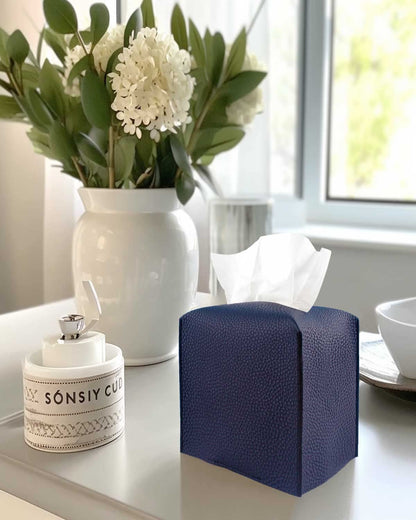 Leather Tissue Box Cover Square – JESMINI, Navy Blue Modern PU Leather Tissues Cube Box Holder Decorative for Bathroom Vanity Countertop/Night
