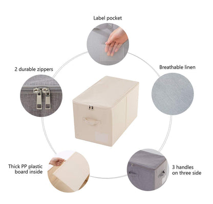 Amonsen Pack of 2, Zip Lidded Wardrobe Storage Bins for Clothes, Bedding, Foldable & Washable, Beige