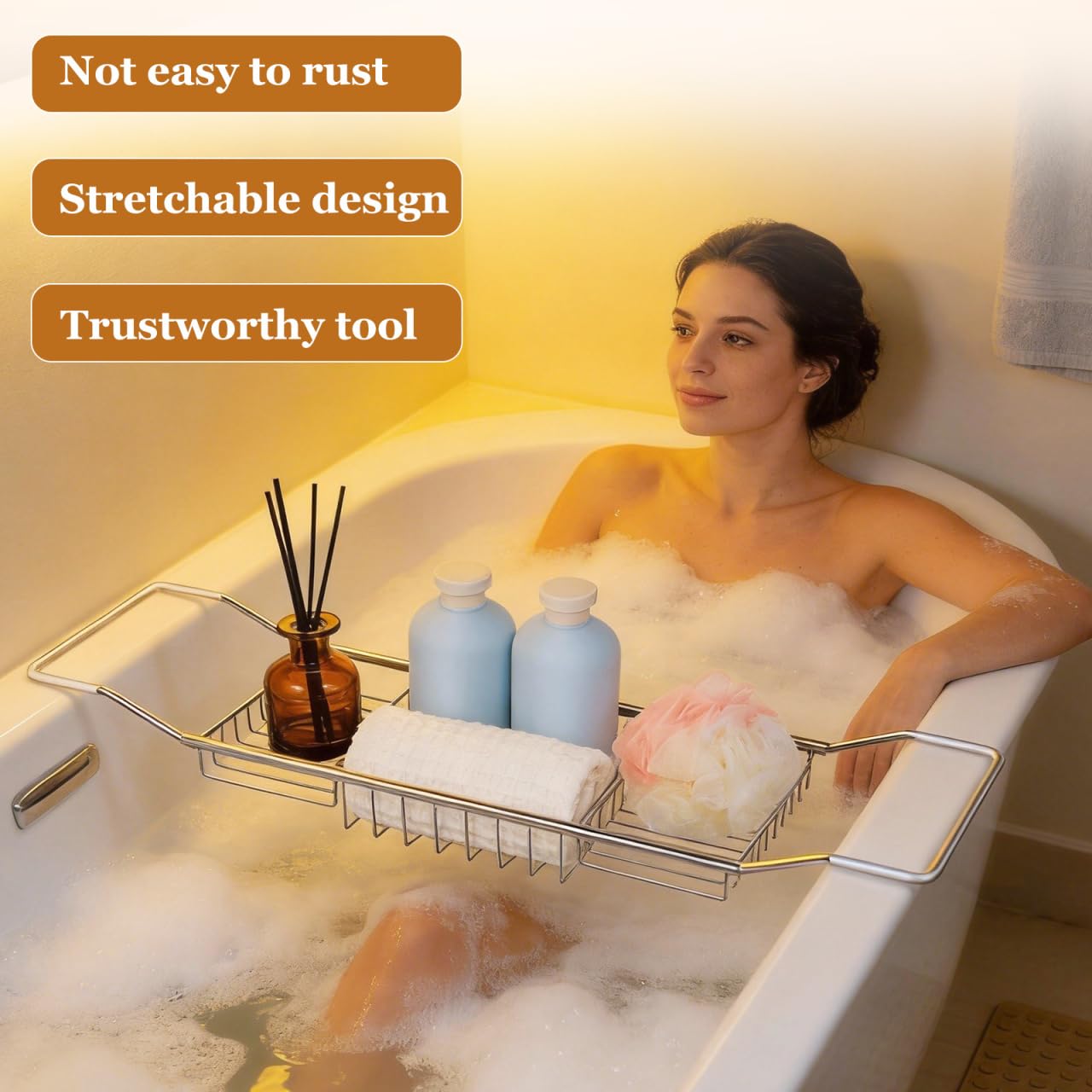 DOITOOL Adjustable Stainless Steel Bathtub Rack Expandable Bath Tray with Anti-Slip Holders for Books Phone and Wine Glass Bathroom Storage