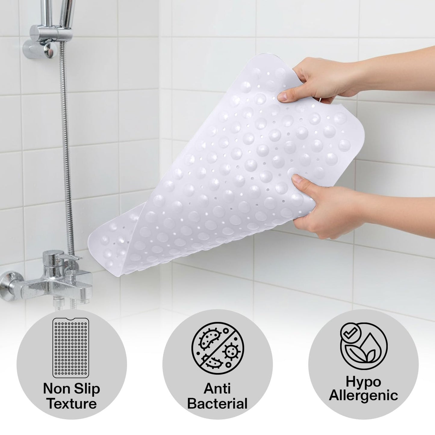 MOONLIGHT20015 Shower Bath Mat Non Slip Anti Mould & Mildew with Strong Suction Cups Grip and Drain Holes Soft Rubber Shower Mats