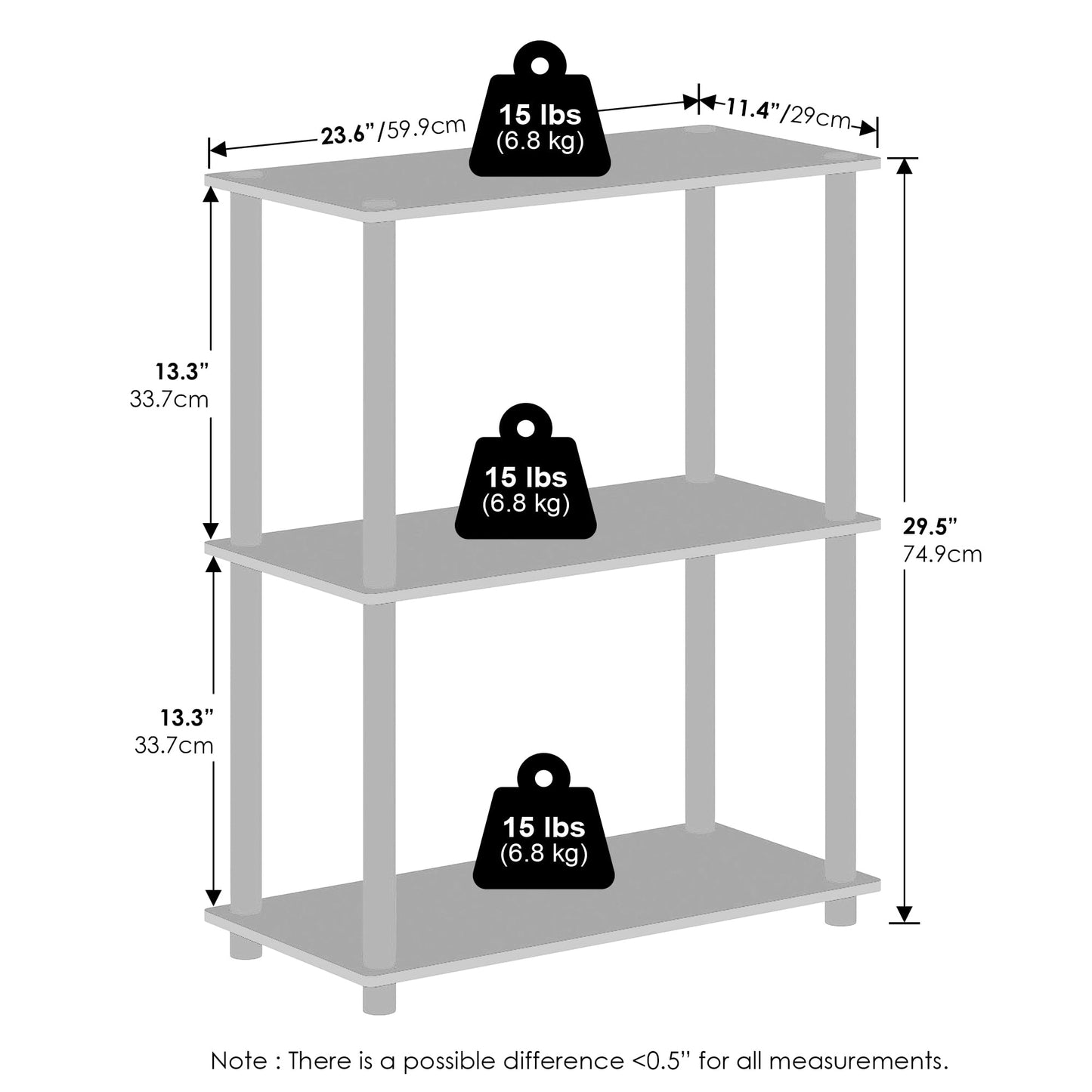 Furinno TURN-N-TUBE Book Shelf, 3-Tier Bookshelf, Bookcase with Multipurpose Compact Display Rack, 11.6 x 23.6 x 29.6, for Living Room, Bedroom