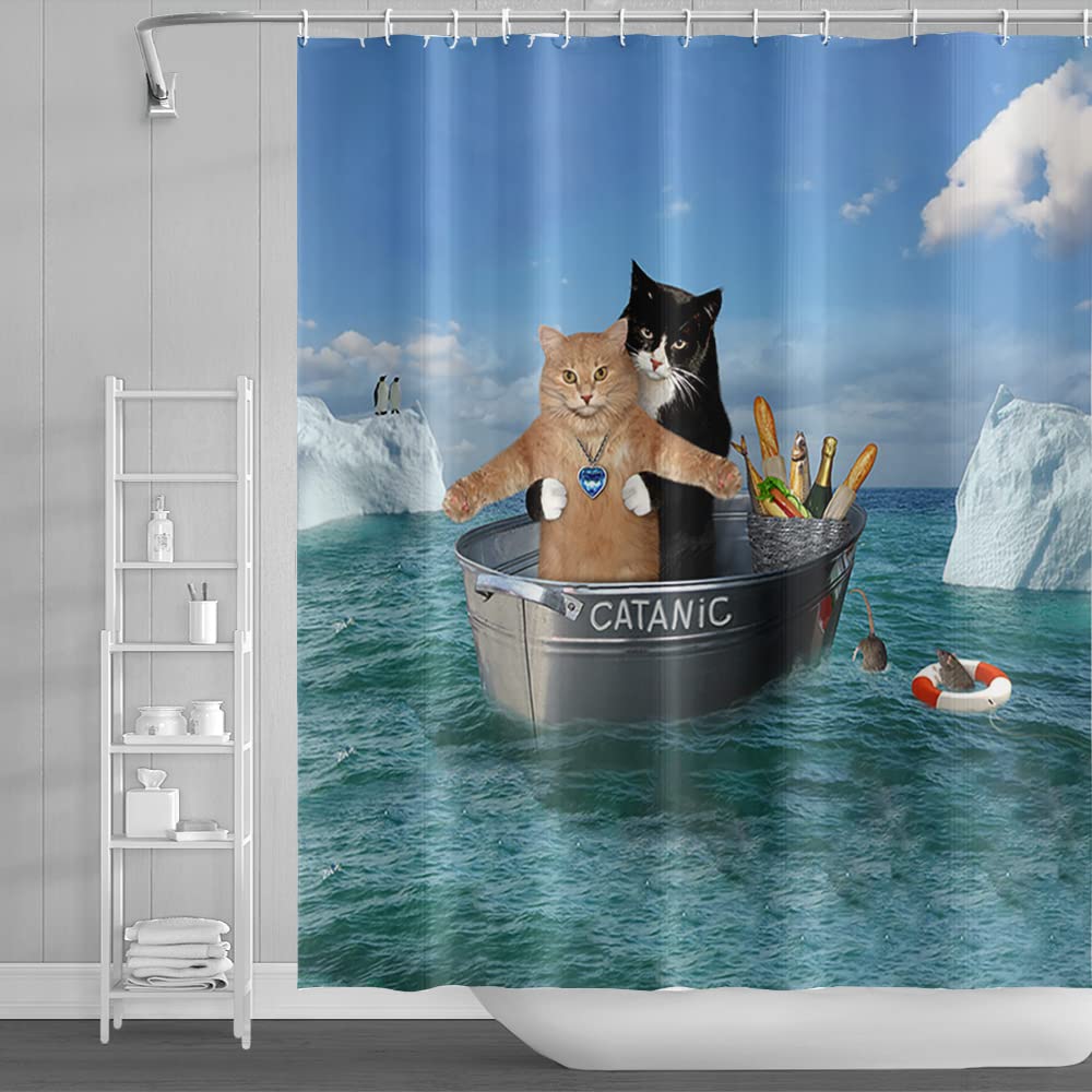SDOTPMT 122x183cm Cute Cat Shower Curtain Funny Pet Kitty Couple Cosplay Boat South Pole Penguin Bath Curtain Blue Ocean Bathtub Curtain for Kids