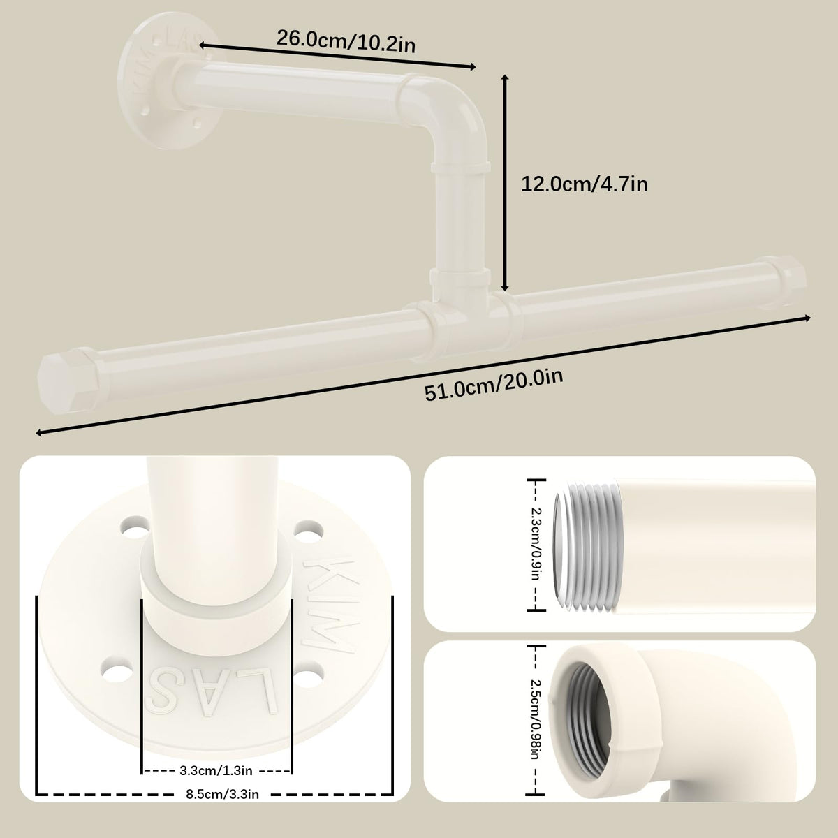 Yawinhe 51cm Wall Mounted Clothes Rail,Pipe Garment Rack,White,1 Pack
