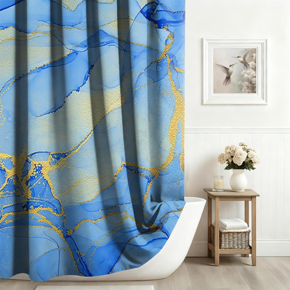 Xiaoterna 105x160cm Marble Shower Curtain Watercolor Navy Blue Gold Lines Waterproof Polyester Bathroom Curtain Luxury Modern Aesthetic Artistic