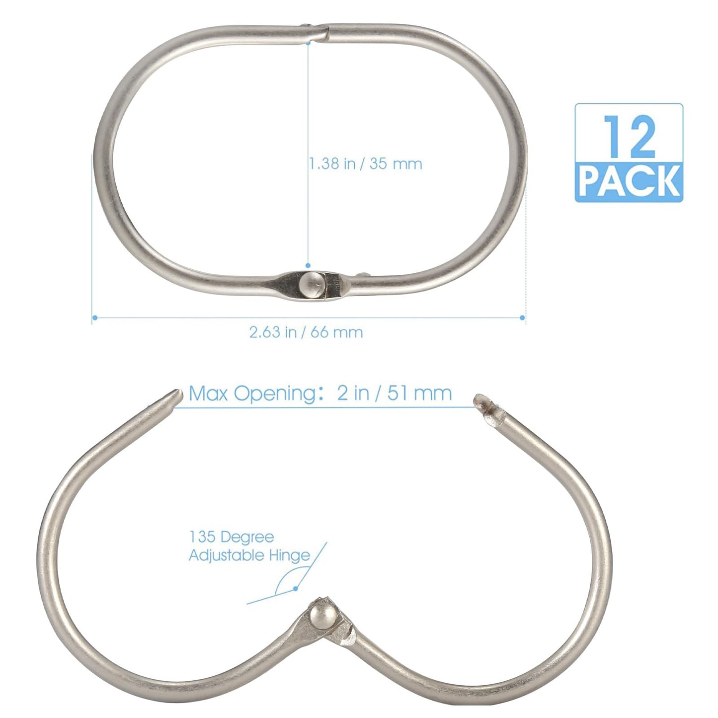 Goowin Shower Curtain Hooks, 12 Pcs Shower Curtain Rings Rust Proof Metal Oval Rings Clasp Closed Shower Curtain Rings for Bathroom Shower Rods