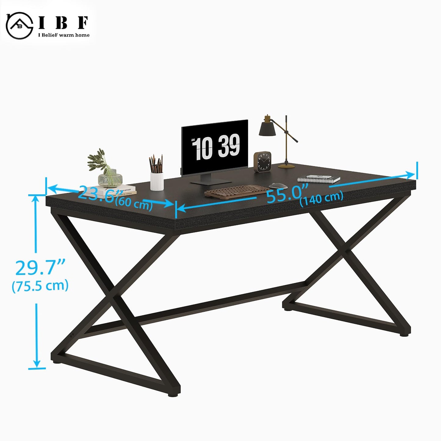 IBF Black Desk, Modern Computer Desk for Home Office, Industrial Simple Pc Gaming Writing Study Desk in Bedroom