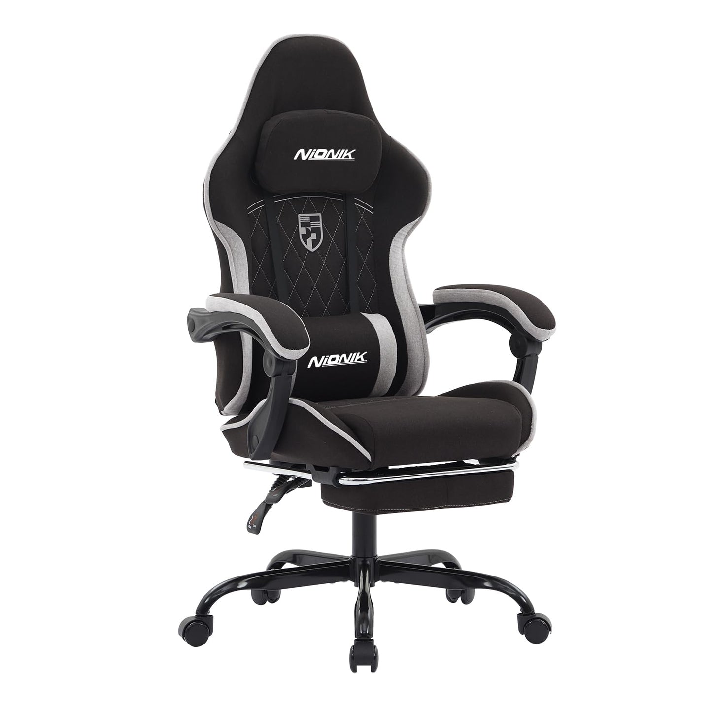 NIONIK Gaming Chair with Footrest and Massage Lumbar Cushion, Ergonomic Computer Chair with 135° Recline, Breathable Fabric, Headrest and 360° Swivel