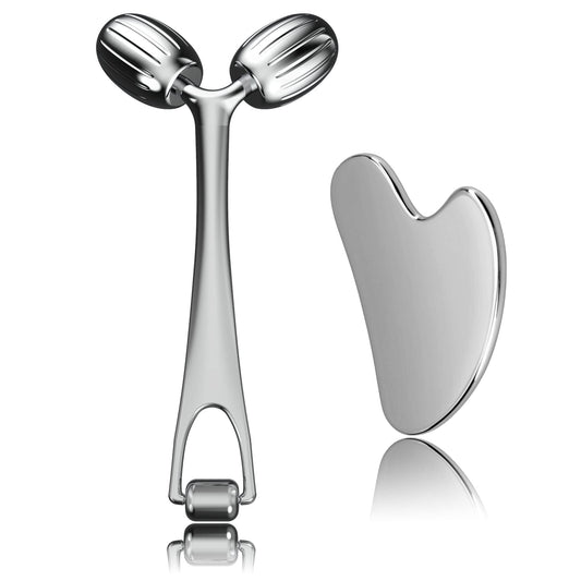 Yeamon Face Massager, Metal Face Roller Gua Sha Massage Tool for Face Neck Eye Body Skin Care, Facial Roller for Women