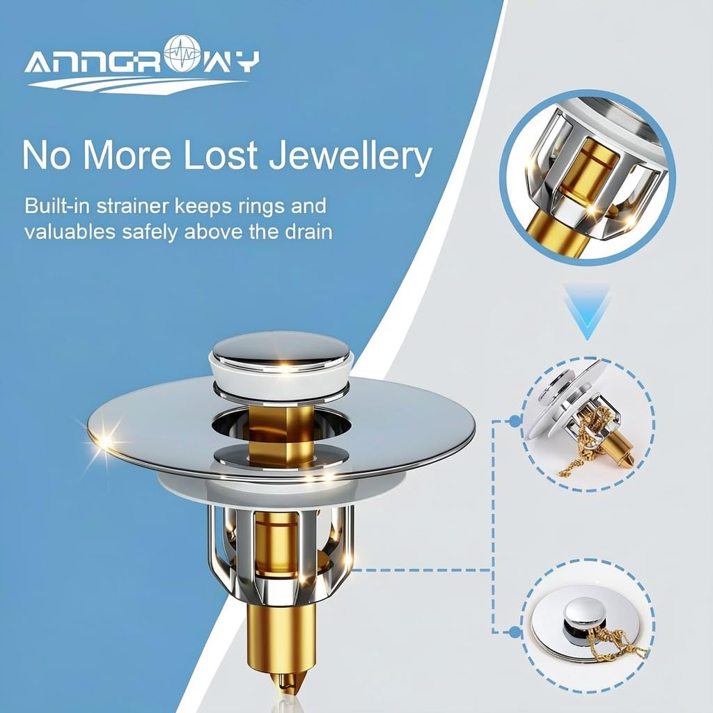 Sink Plug Replacement, Universal Pop Up Basin Plug with Hair Catcher Strainer, Brass Push Click Bathroom Drain Stopper for 27‑42mm Sink Hole