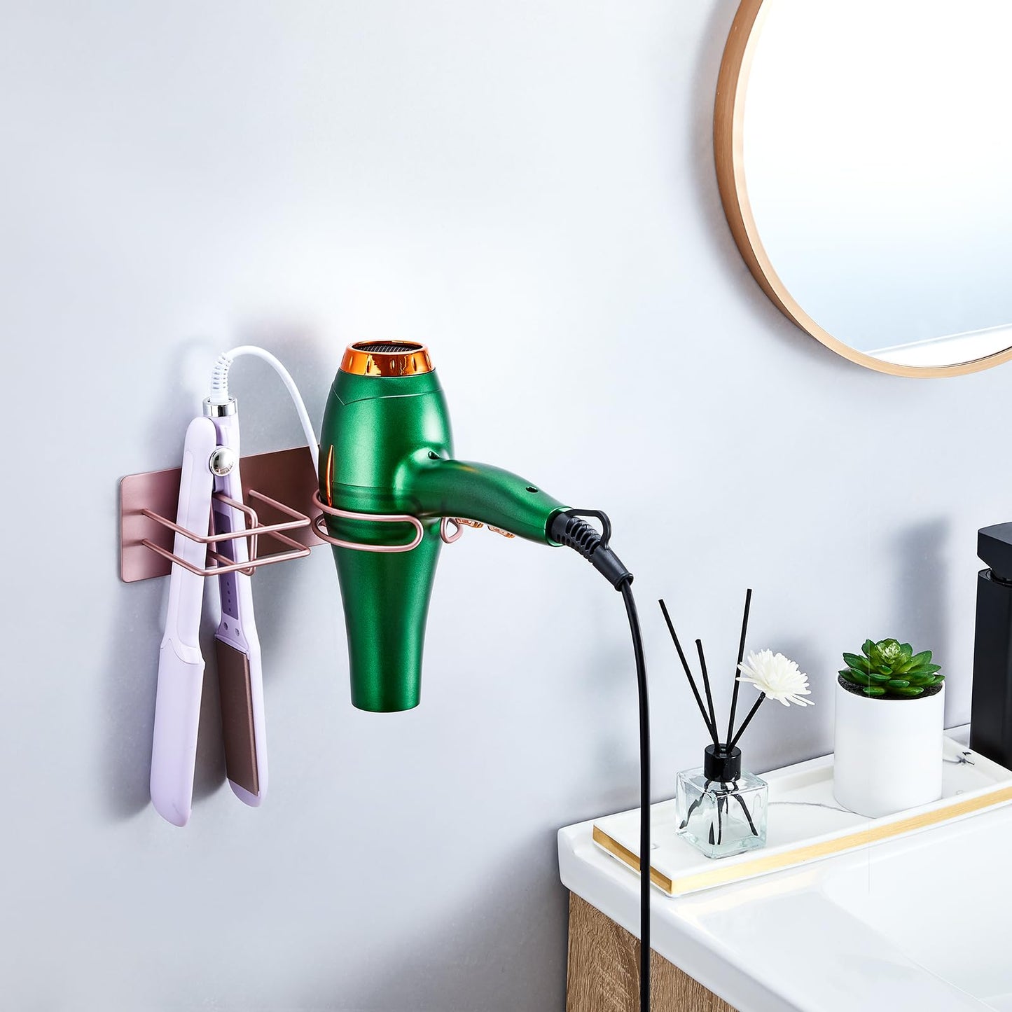 XILIMEN Hair Dryer and Straightener Holder Wall Mounted, Self Adhesive Metal Blow Dryer and Flat Iron Curler Storage Organiser Stand for Dressing