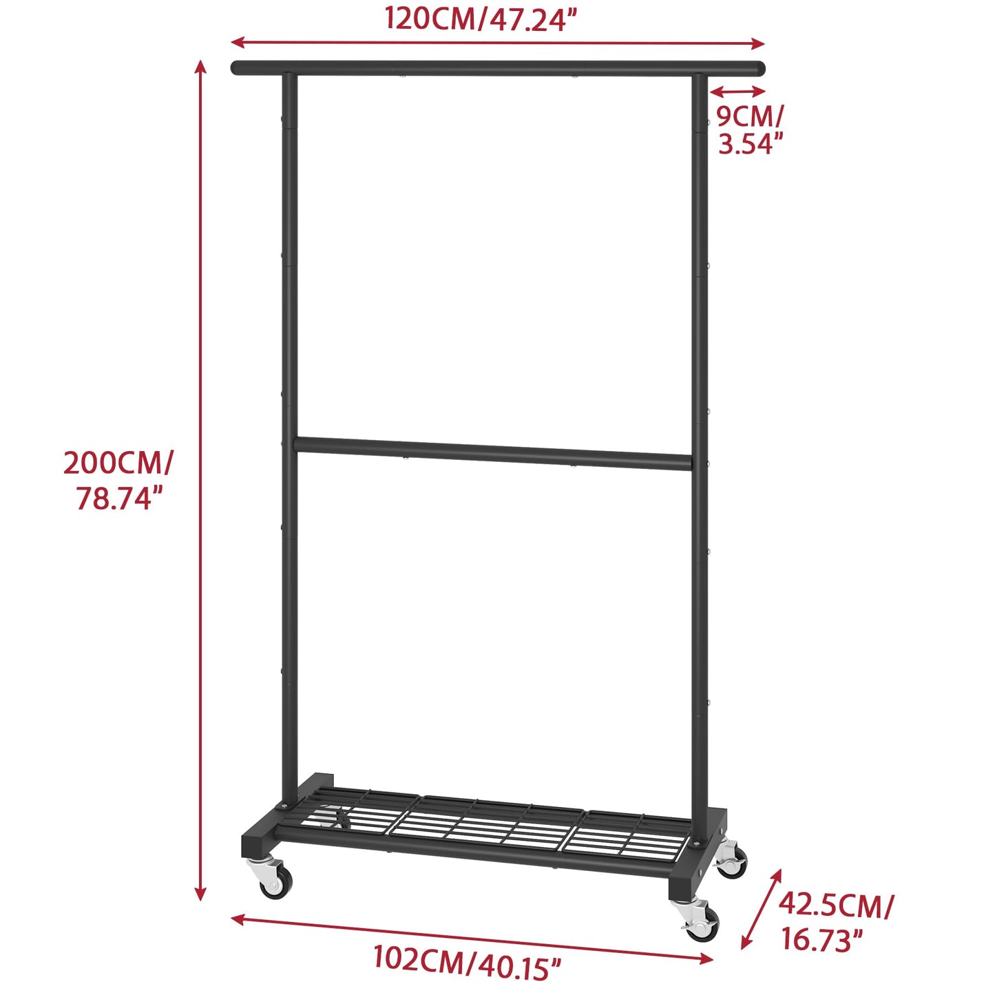 Sywhitta Double Rod Clothing Garment Rack, Rolling Coat Hanger with Bottom Mesh, Clothing Rack for Hanging Clothes, Coats, Skirts, Sweaters, Black