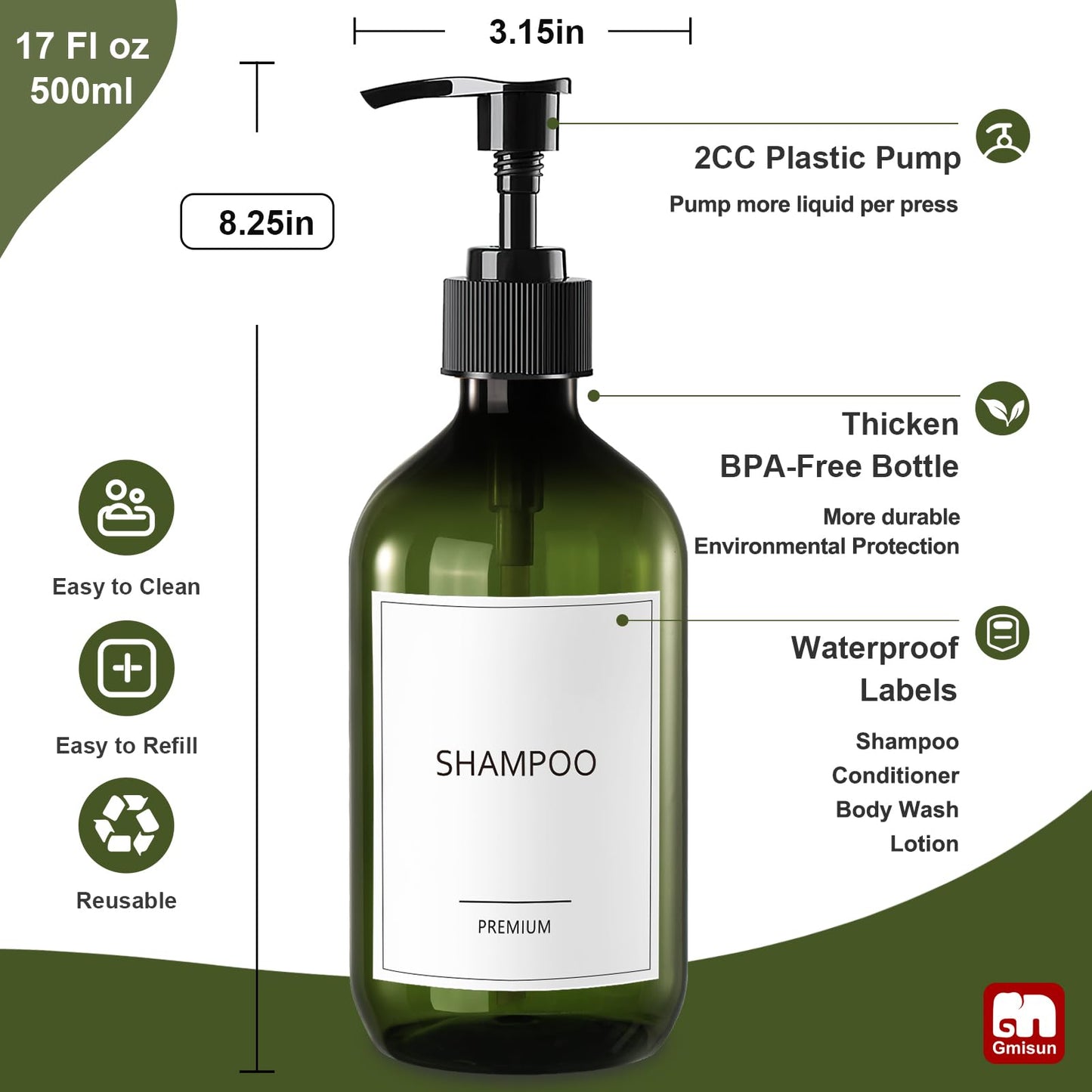 GMISUN Shampoo and Conditioner Bottles, Plastic Green Shower Gel Dispenser