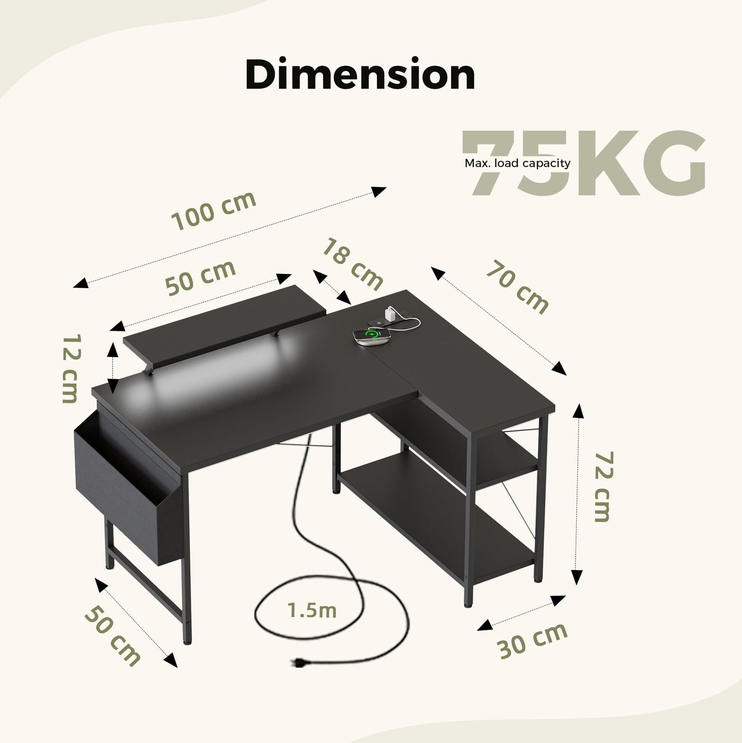 Mericonia Corner Desk, w. Monitorstand & Built-in Socket, 100x70cm, Black