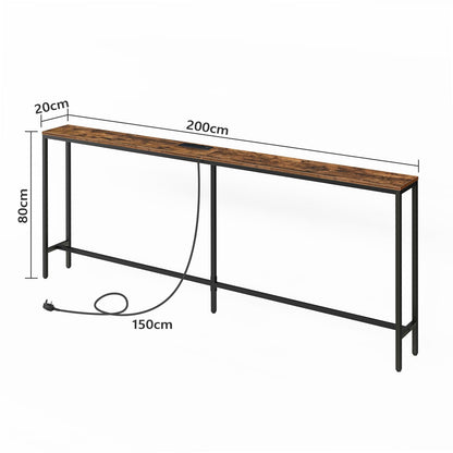 MAHANCRIS Console Table with Power Outlet, 200 CM Narrow Sofa Table, Industrial Entryway with USB Ports, Behind Couch Table for Entryway, Hallway,
