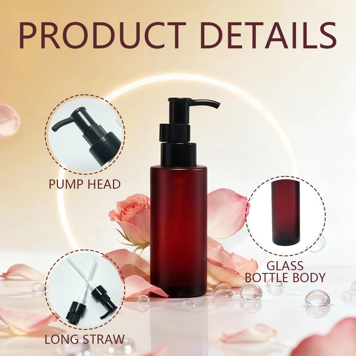 2PCS 100ml Amber Glass Bottles with Black Lotion Pumps Refillable Glass Liquid Soap Cream Dispenser Pump Bottles Containers for Bathroom