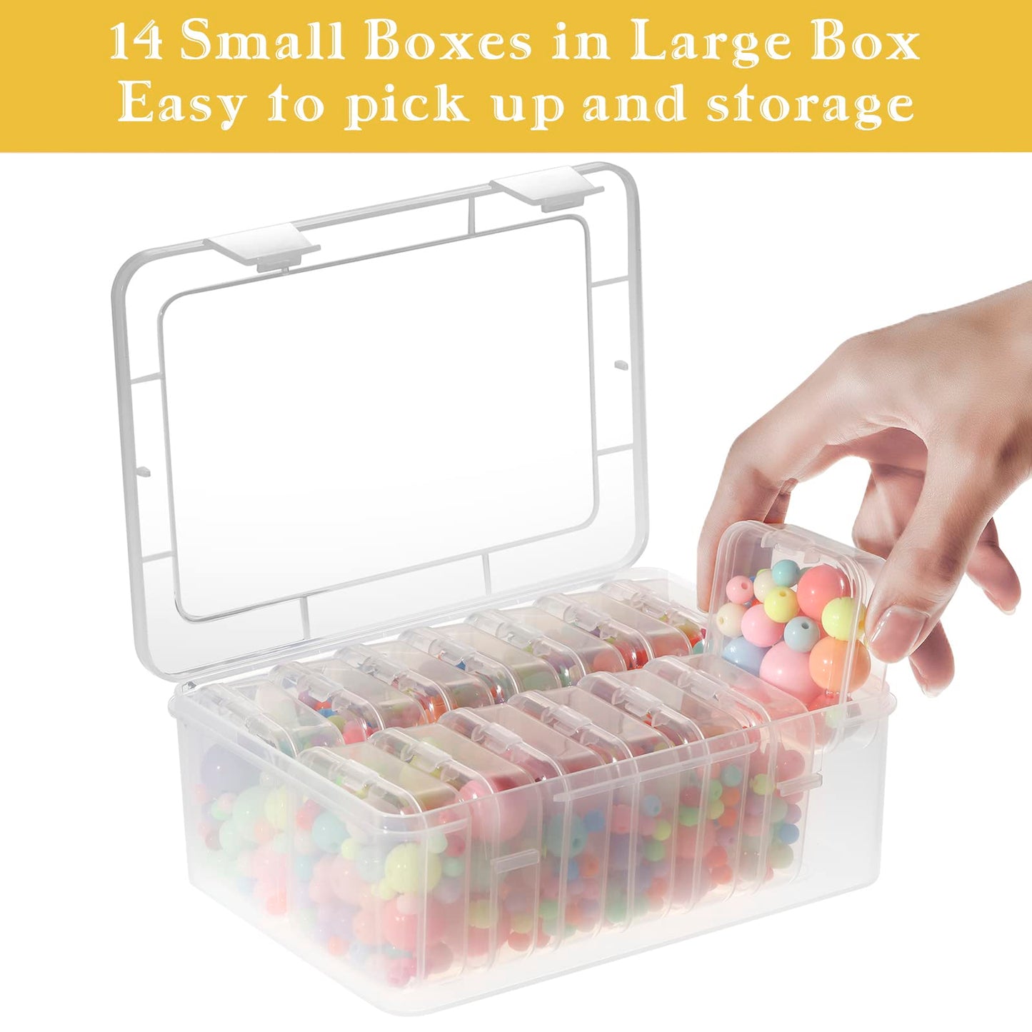 Mathtoxyz Bead Organiser Storage Box, 15 Pcs Small Plastic Storage Boxes Clear Clay Beads Storage Containers Case with Hinged Lid and Rectangle for
