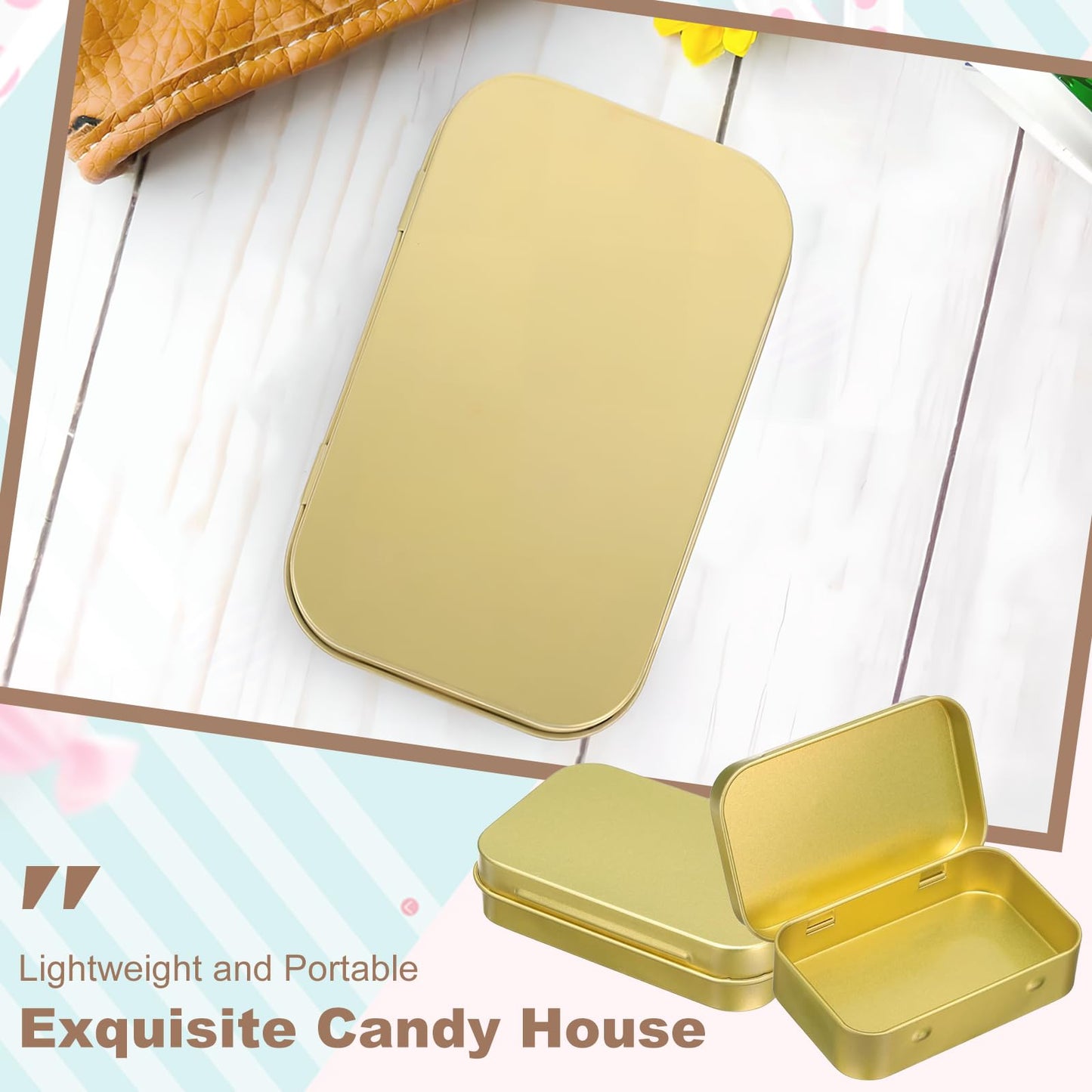 laveroar Small Tins with Lids, 9.5x6x2cm Golden Portable Mini Metal Tinwith Lids, Rectangular Hinged Tin Box Storage Containers for DIY Use