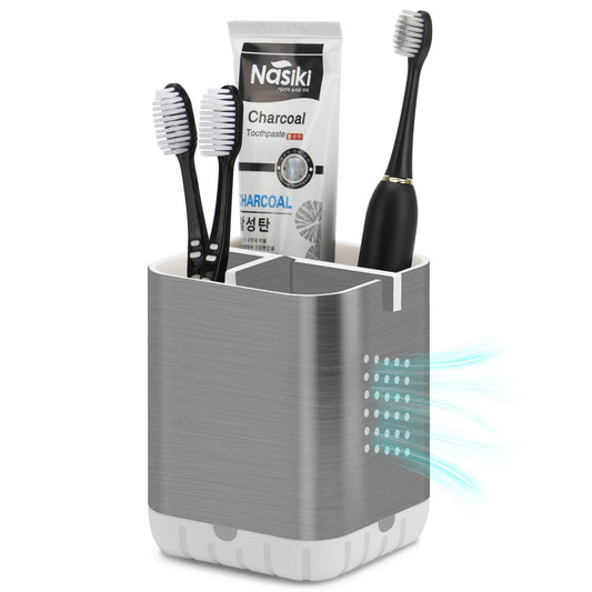 BYUNER Toothbrush Holder with Drainage, Electric Toothbrush Caddy and Toothpaste Holder for Countertop Organiser Storage, Bathroom Accessory (Silver)