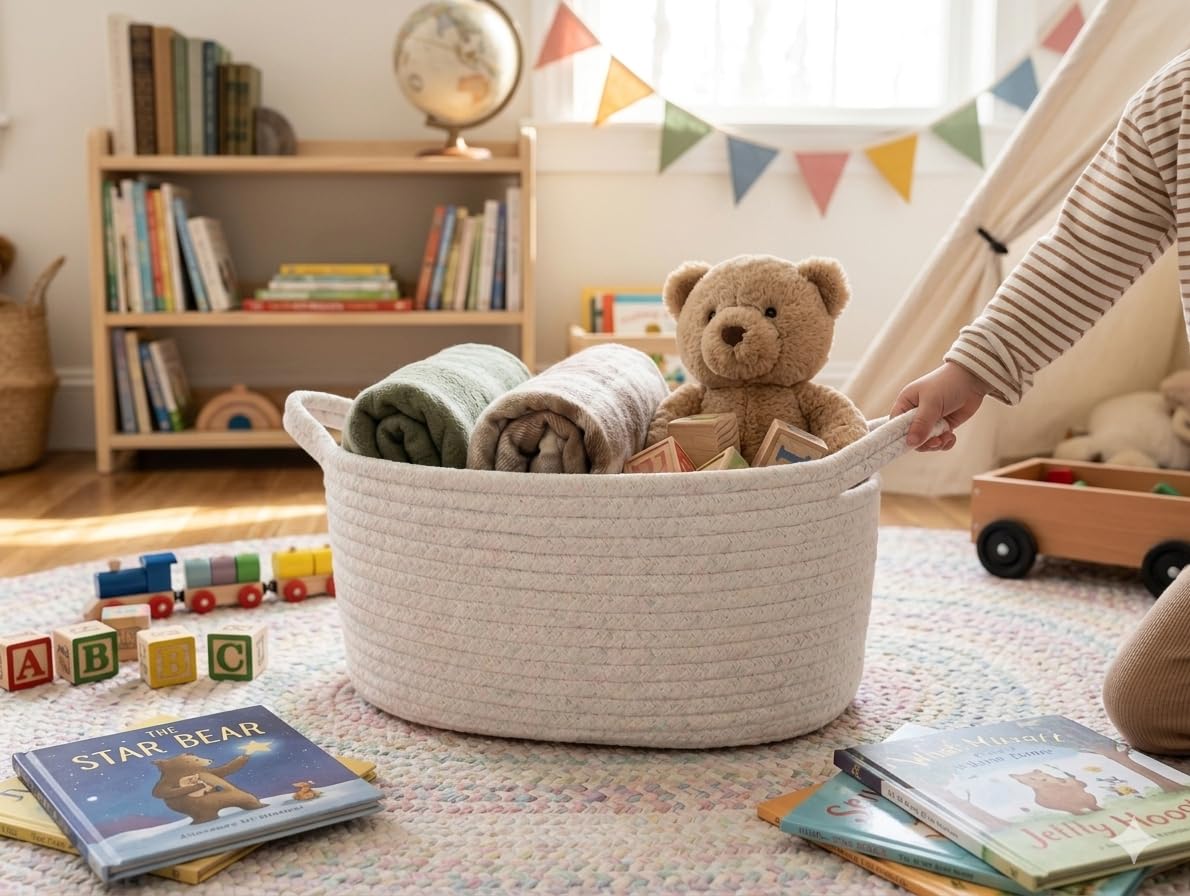 Double-Handle Woven Storage Basket – Nordic Style Cotton Rope Organizer Bin for Snacks, Toys, Clothes & Home Décor – 33x23x14cm (White)
