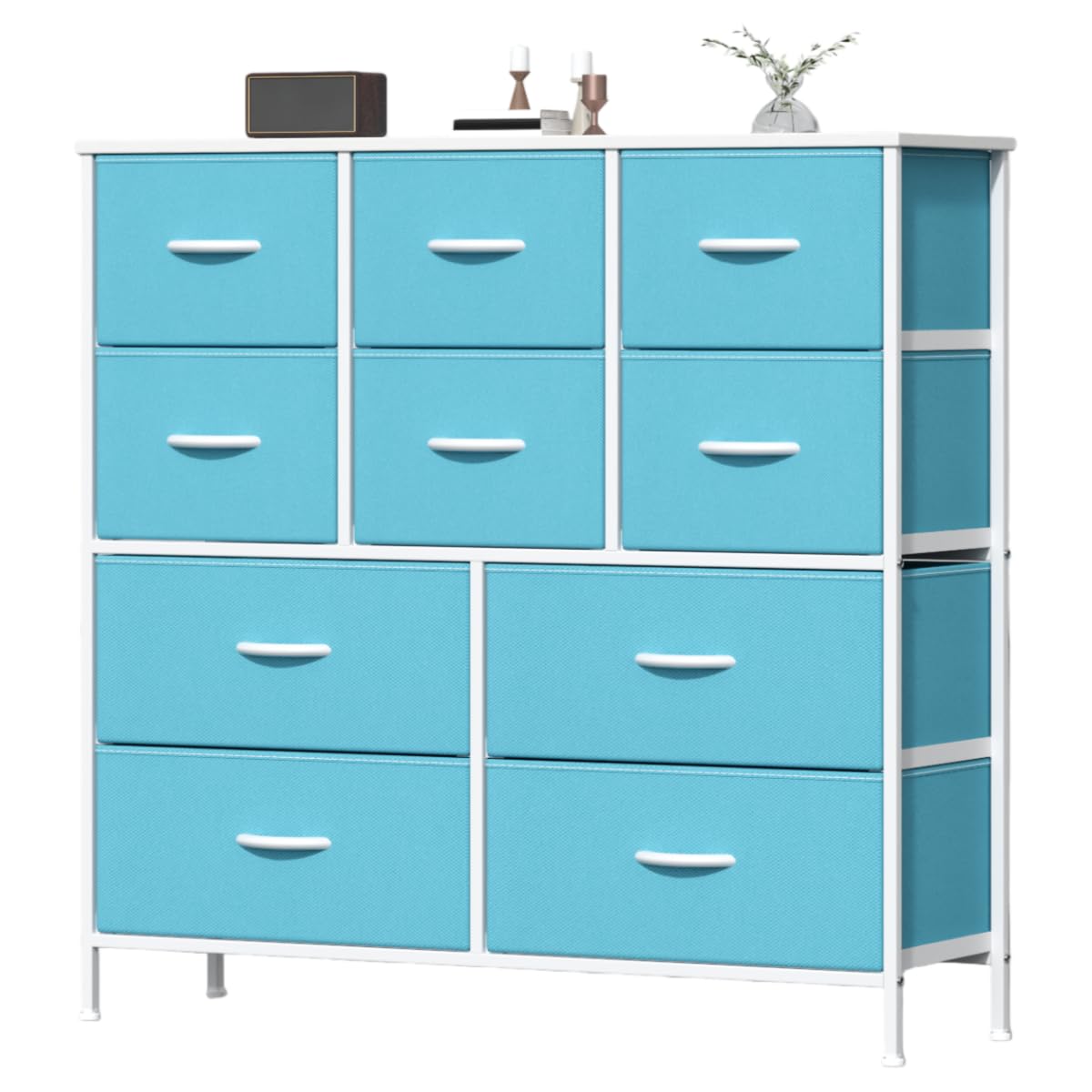 Feonase Chest of Drawers, Bedroom Tall Dresser with 10 Fabric Drawers, Metal Frame & MDF Wood Top, Adjustable Feet