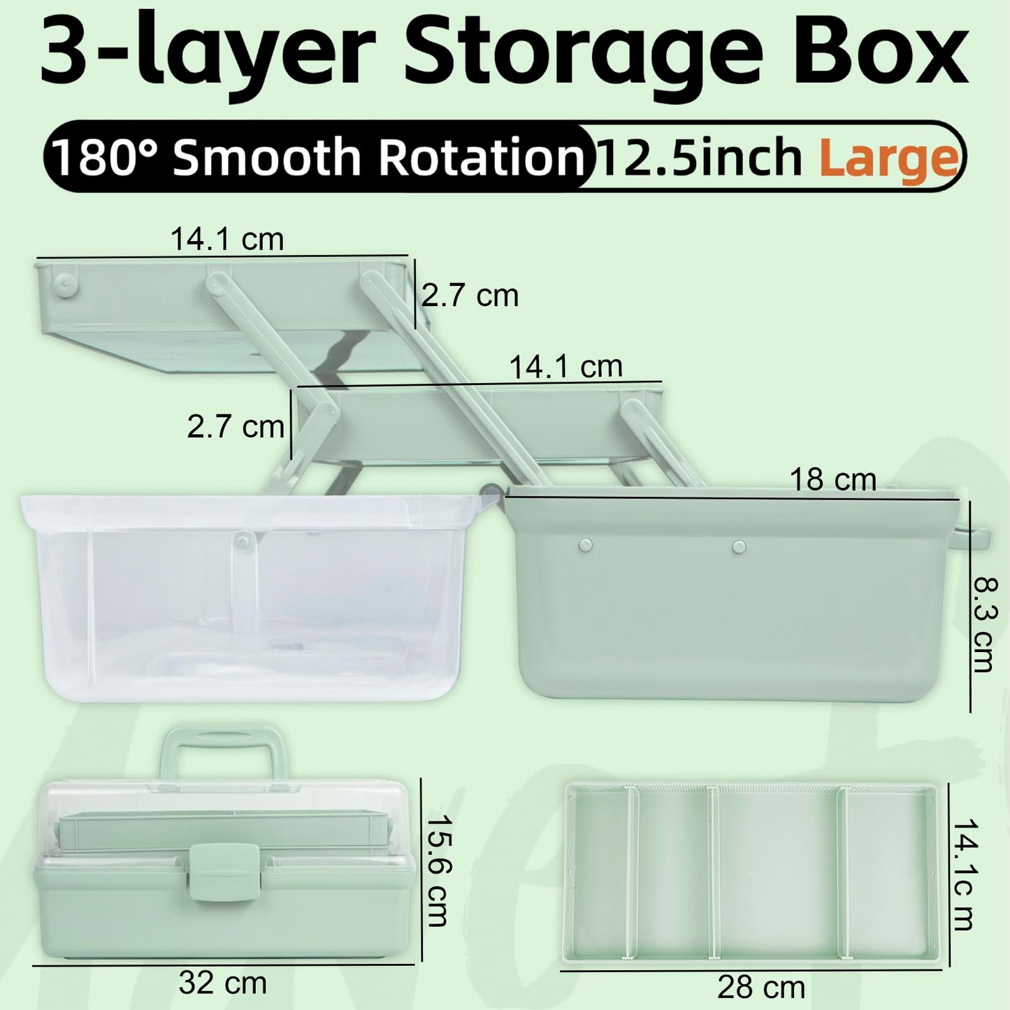 Creahaus 12.5in 3 Layer Multipurpose Storage Box/Craft Storage Boxes With Compartments/Plastic Tool Box/Medicine Storage/Hair Accessories