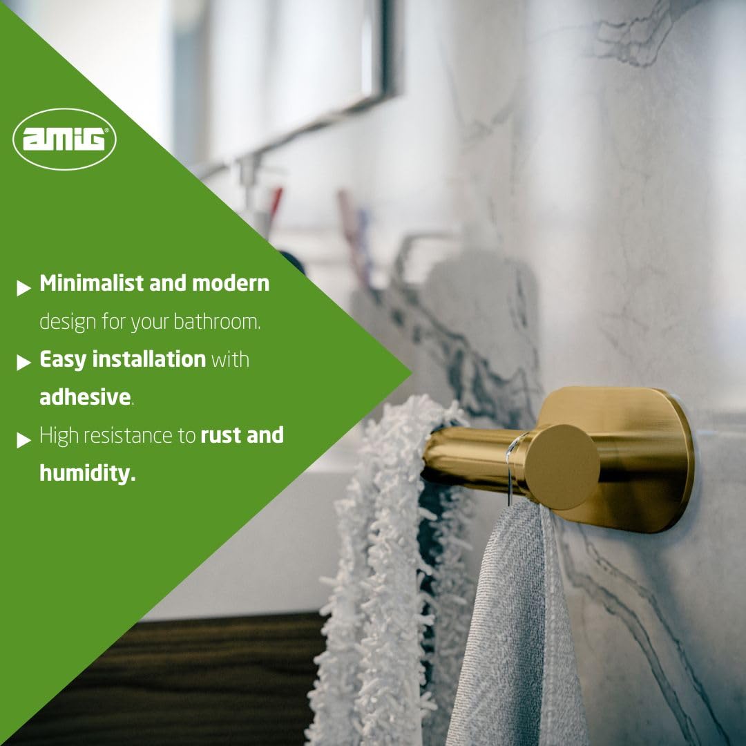 Amig - Self-Adhesive Bathroom Towel Hook Mod. Ea-5 | Wall-Mounted Towel Hook Screwless Adhesive | 100 x 65 x 45 mm | Stainless Steel | Matt Gold