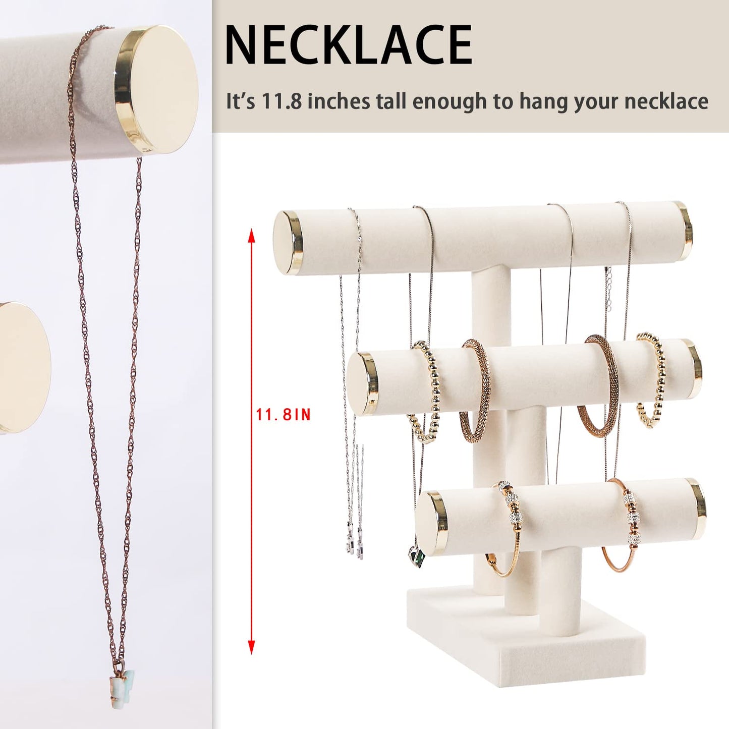 Pengup 3 Tier Bracelet Holder,Bracelet Display Stand with Metal Cap,Beige White Velvet Jewelry Organizer Displays for Necklace Scrunchies Watches