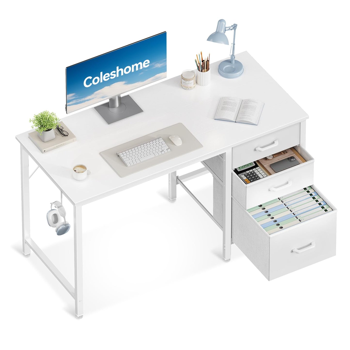 Coleshome Computer Desk with Drawers, 100cm Office Desk with Storage, White
