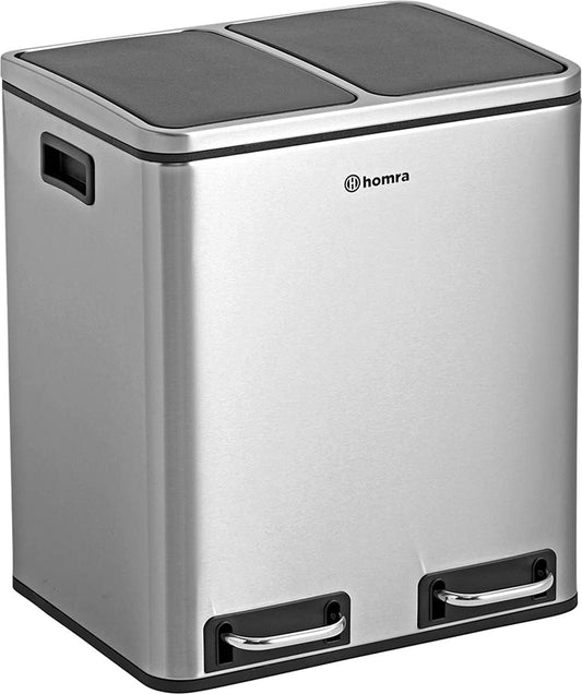Homra Dual Kitchen Bin 30l  Double Rubbish Bins 2x15l  2 Compartment Pedal System  Twin Section Waste&Recycling Separation  Soft Close Design