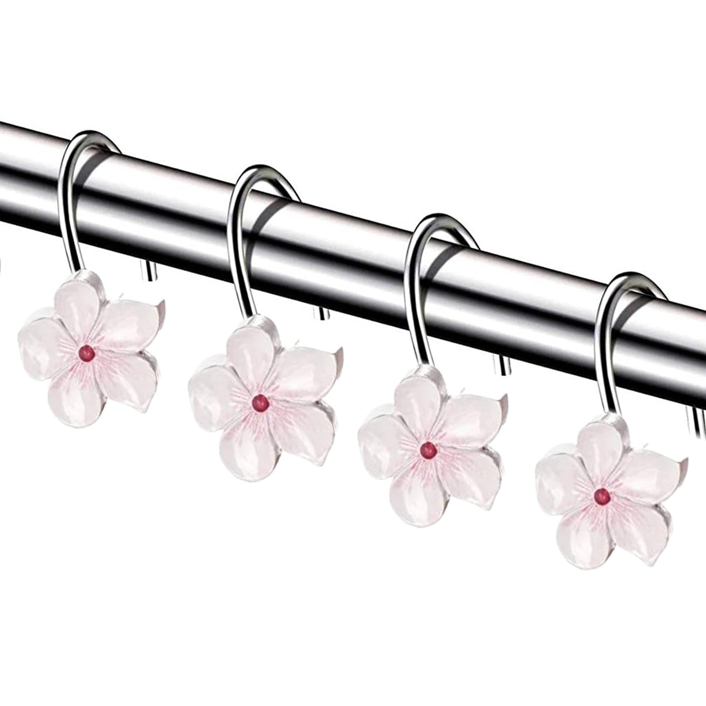 Creative Scents White Shower Curtain Hooks - Set of 12 White & Pink Flower Shower Curtain Hooks - Decorative Shower Curtain Rings for Shower Curtain