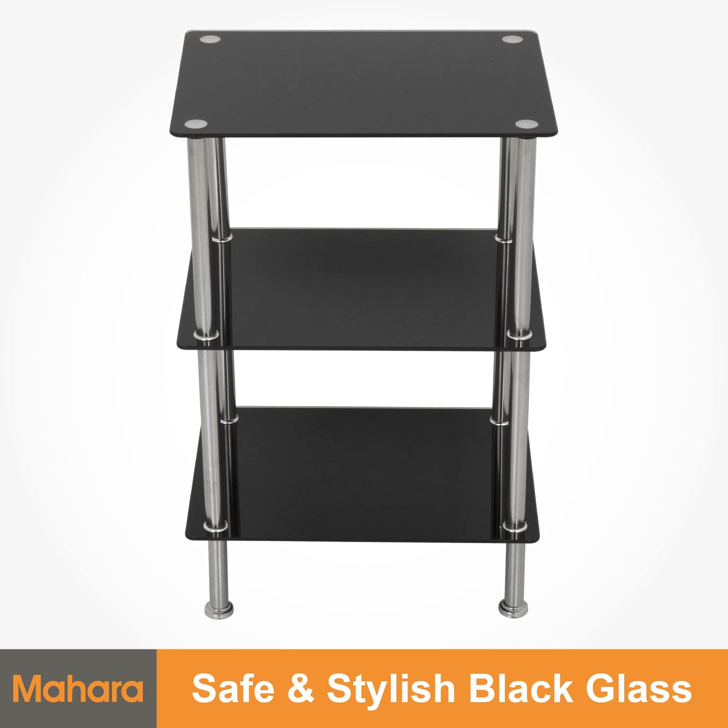 king MAHARA 3 Tier Chrome Effect Black Glass Shelving Unit - Tempered Safety Glass Shelves Max 5kg Each - Storage Unit W40cm x D30cm x H61cm