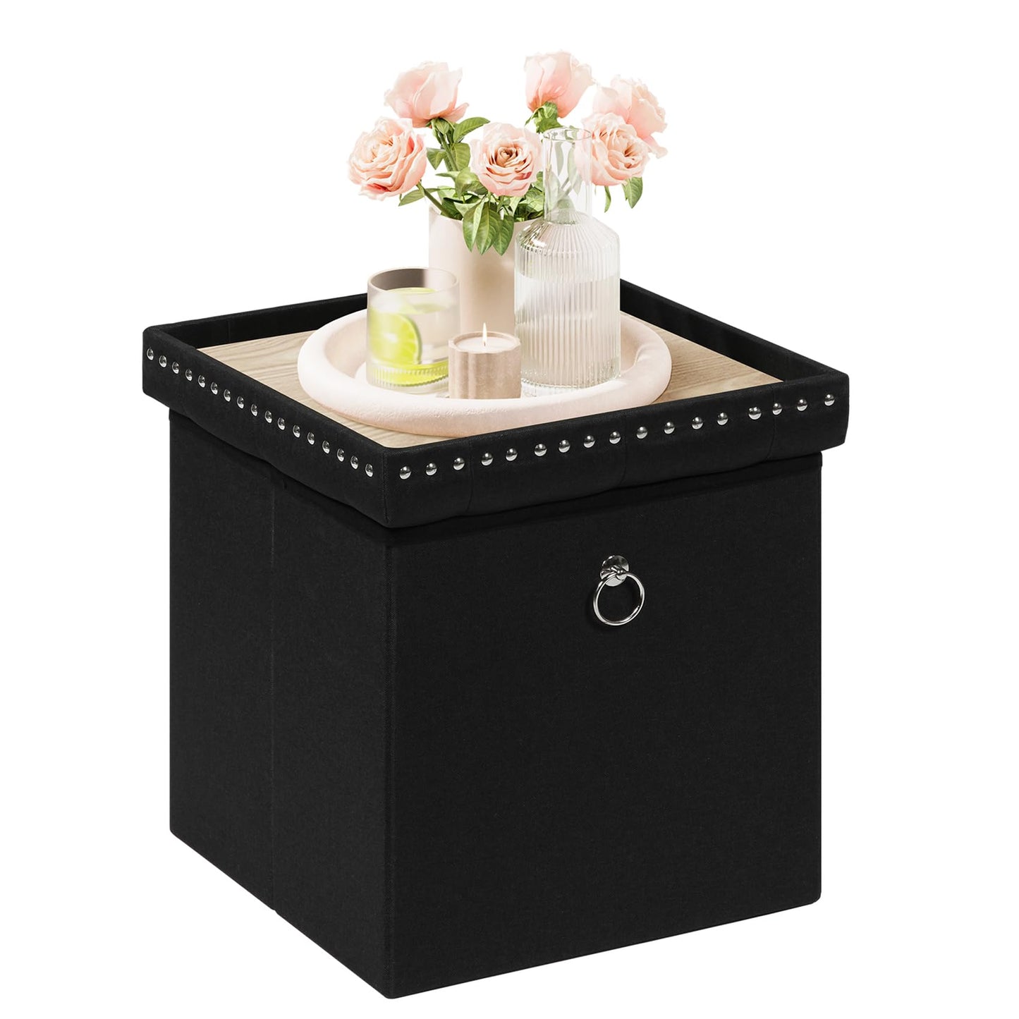 Bonlife Cube Ottoman with Tray, Foldable Storage Footstool, 150kg Capacity