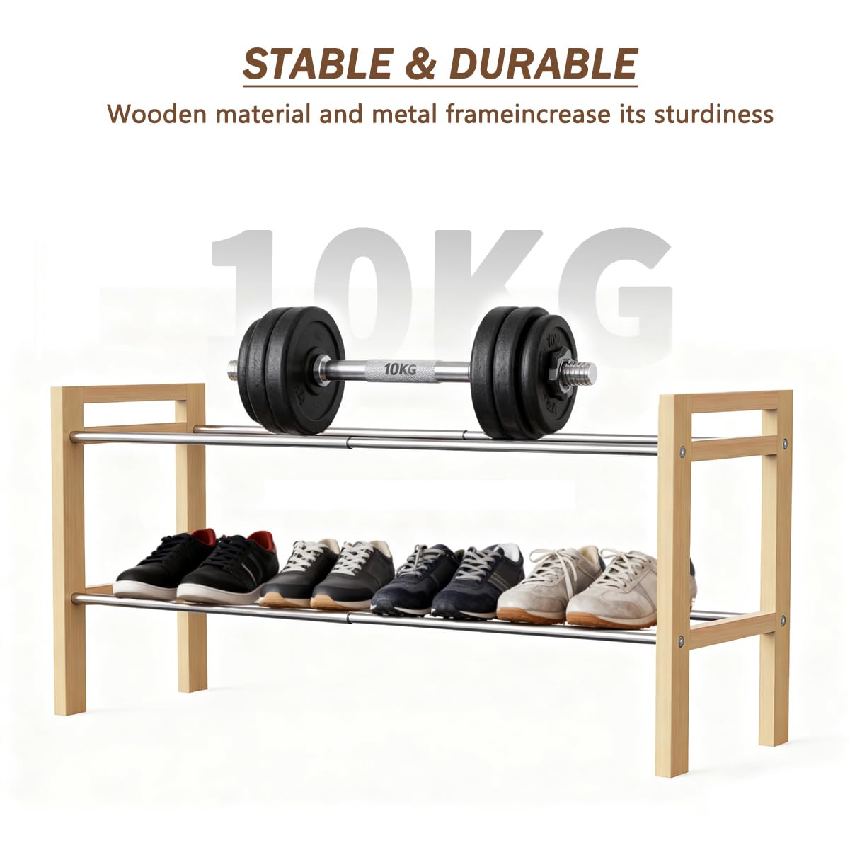 LEMIKKLE Shoe Rack Wooden, 2-Tier Oak Shoe Rack Expandable Stainless Steel Design, Ideal for Small Shoe Storage for Narrow Space