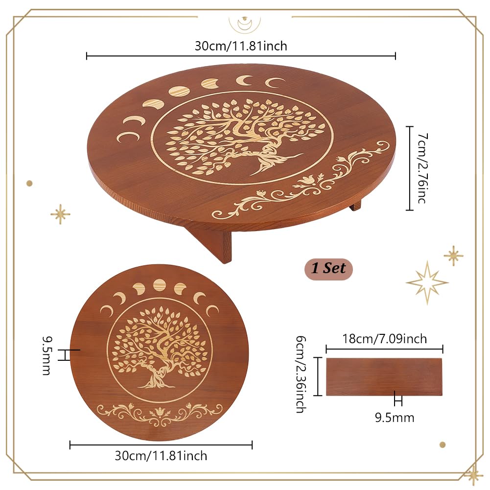 PH PandaHall Altar Table, 11.8x2.7 Inch Round Wooden Meditation Table Engraved Moon Tree of Life Patterns Wiccan Tables for Room Engraved Mystic