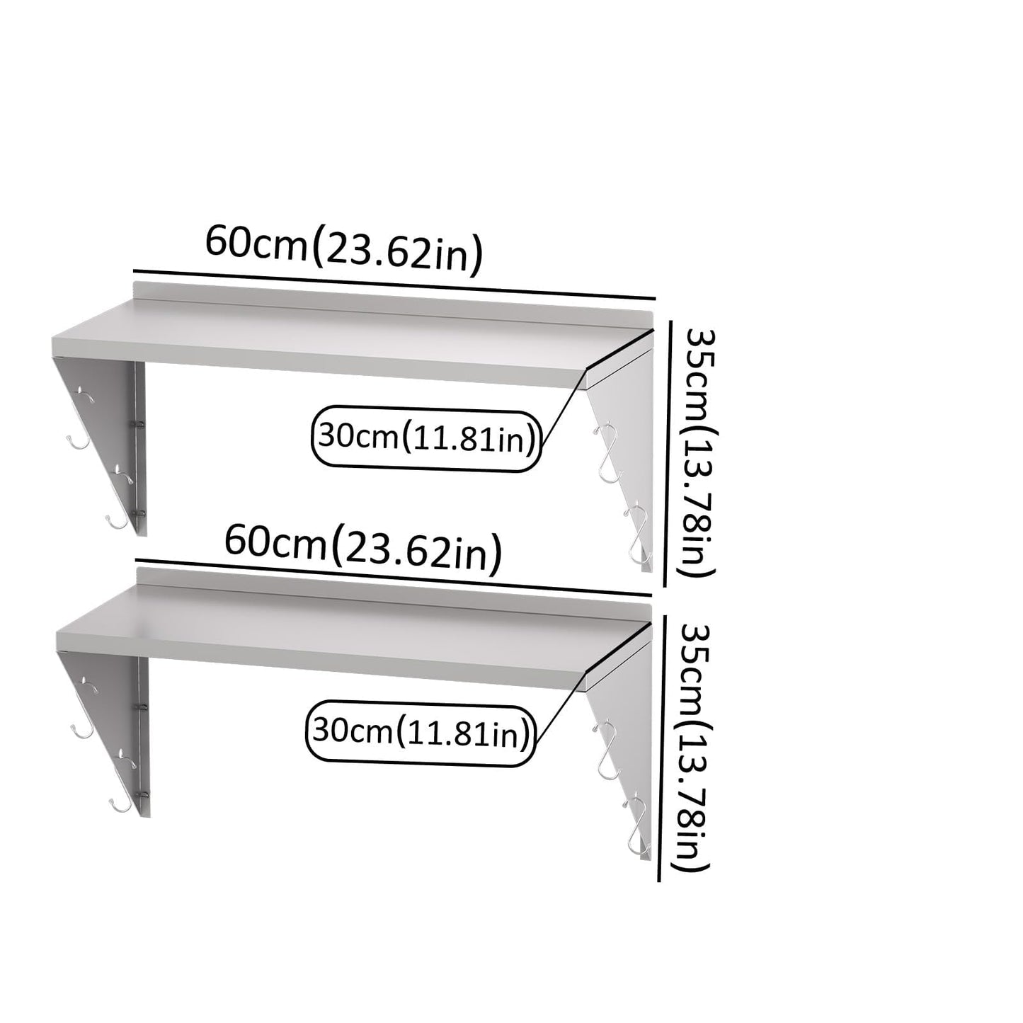 TAIMIKO Stainless Steel Wall Shelf 60x30cm, 2PCS