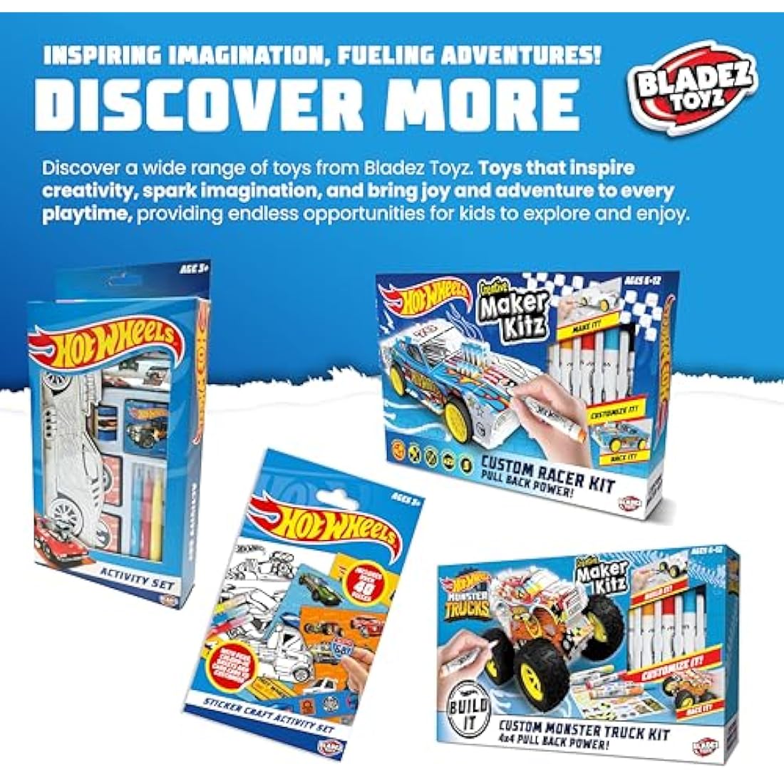 BLADEZ Hot Wheels Toyz Make Your Own Monster Truck - Art Set For Kids 6-12 with Markers & Stunt Ramp - Hotwheels Kit for Play - Kids Colouring Sets & STEM Learning - Customizable & Eco-Friendly